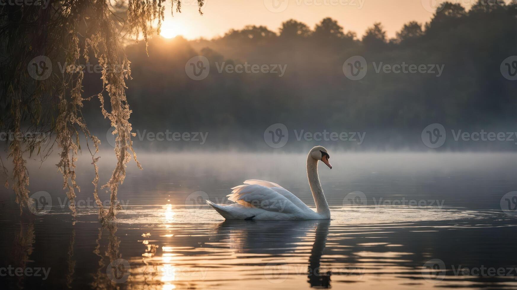 A serene swan glides through misty water at sunrise, creating a tranquil atmosphere. photo