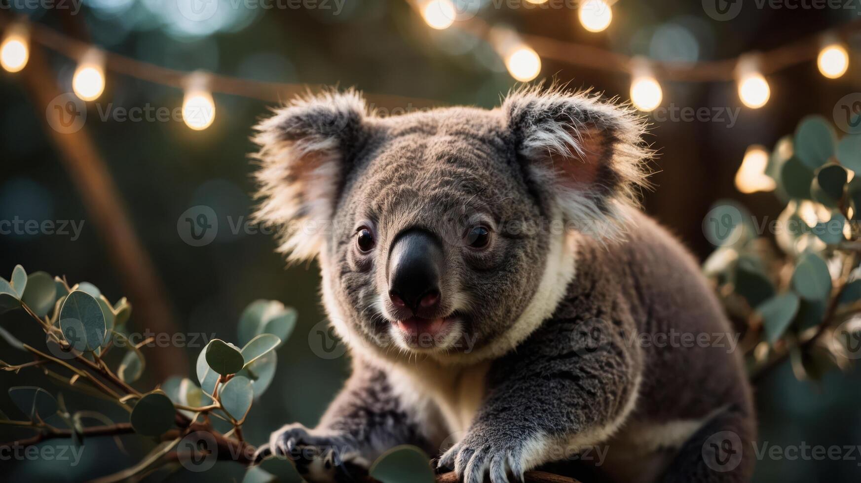A close-up of a koala on a branch, illuminated by soft, warm lights in a natural setting. photo