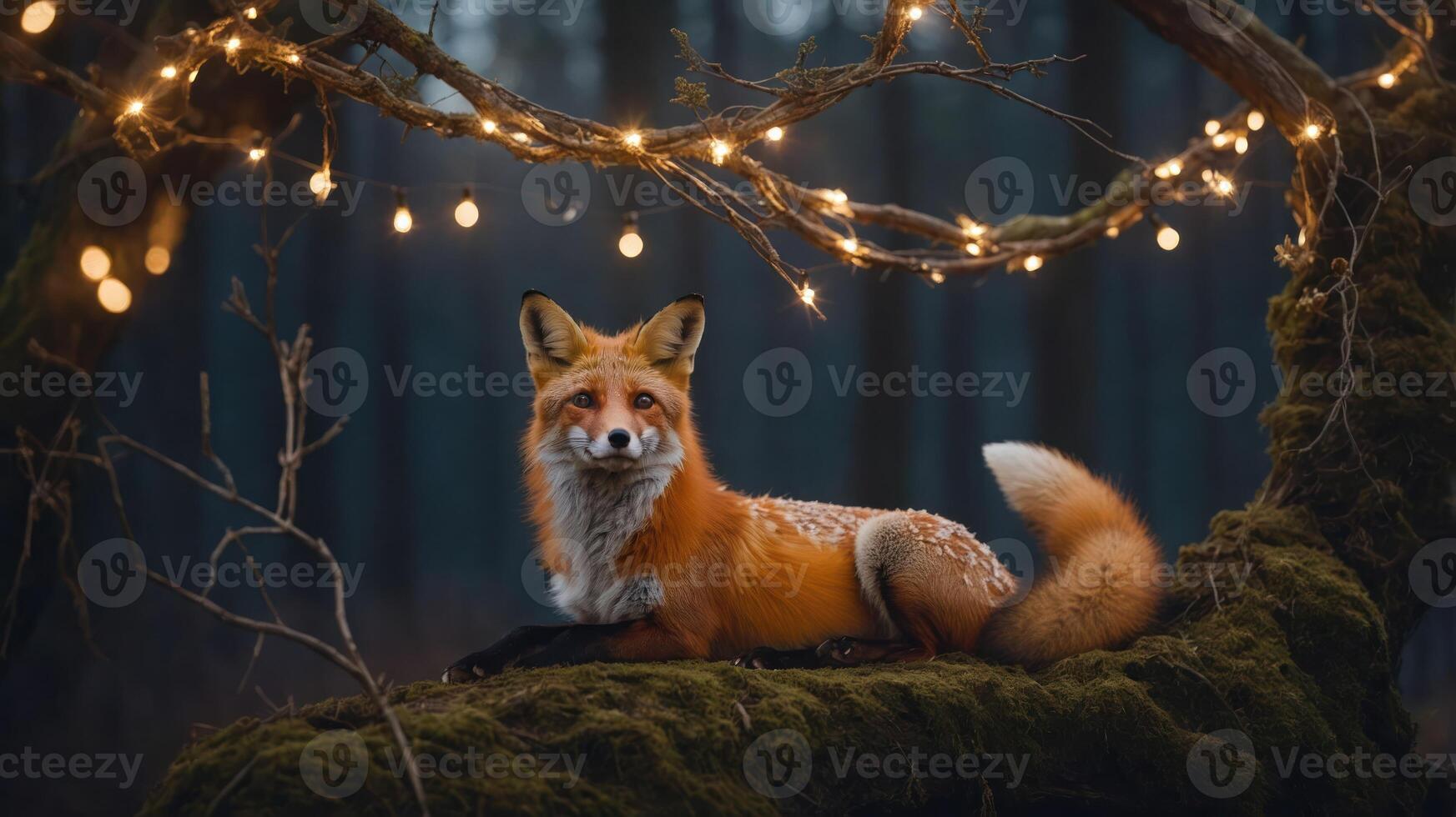 A serene fox rests on a mossy log adorned with fairy lights in a mystical forest setting. photo