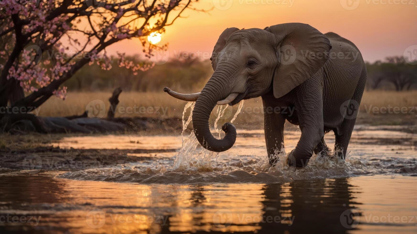An elephant wades through water at sunset, surrounded by nature's beauty. photo