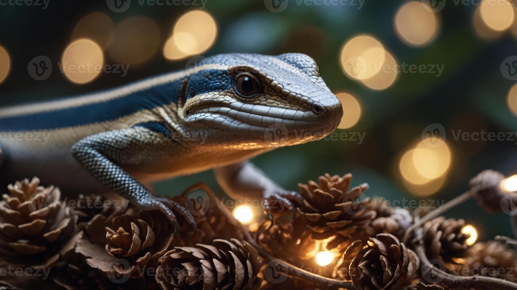 A lizard perched on pine cones with glowing lights in the background. photo