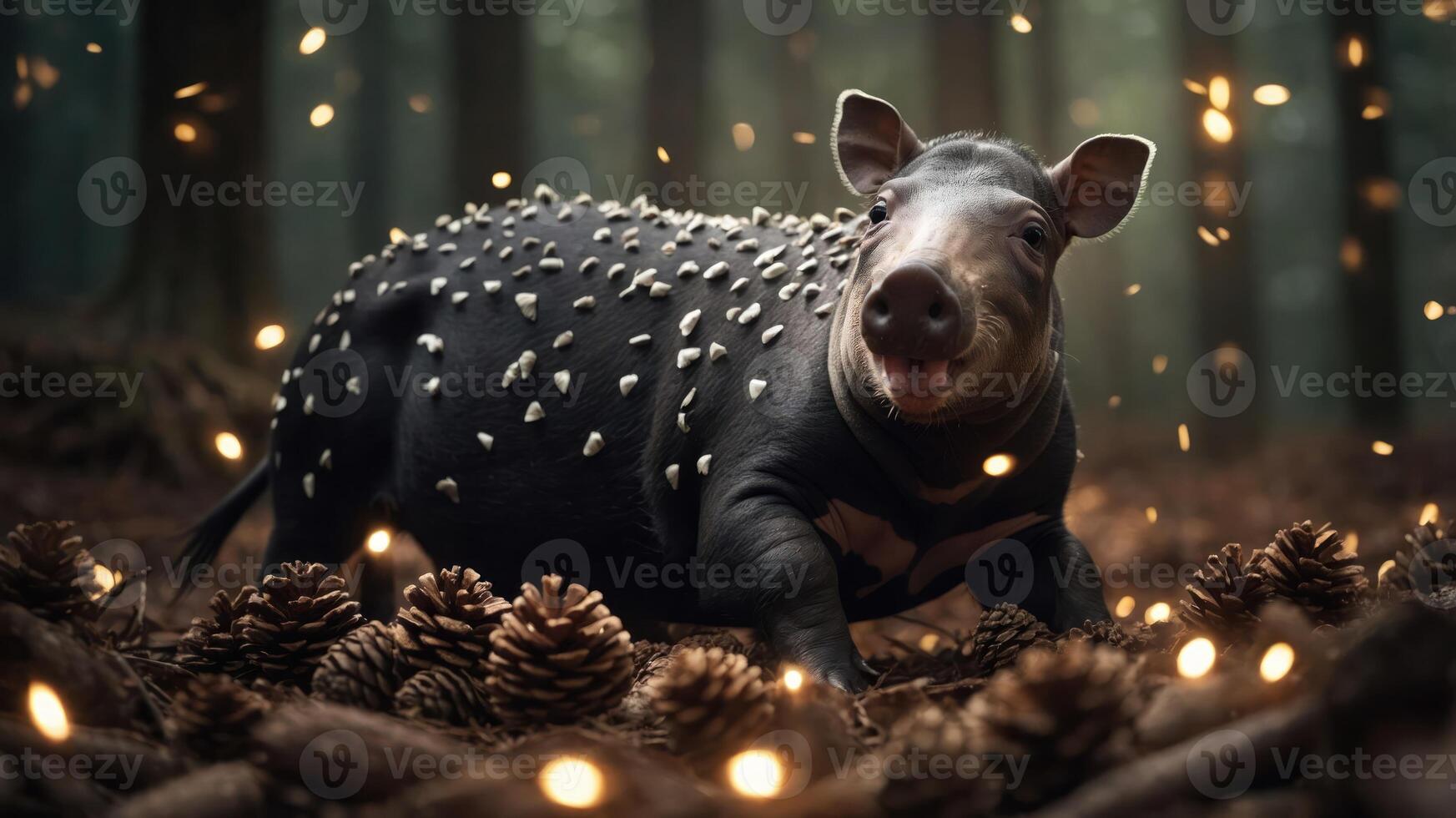 A playful tapir surrounded by pine cones and soft lighting in a serene forest setting. photo