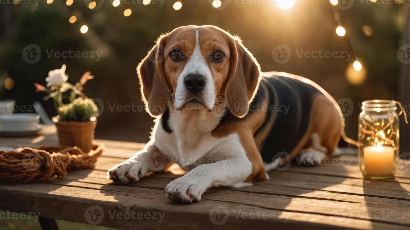 A beagle resting on a table adorned with lights and plants, creating a cozy atmosphere. photo