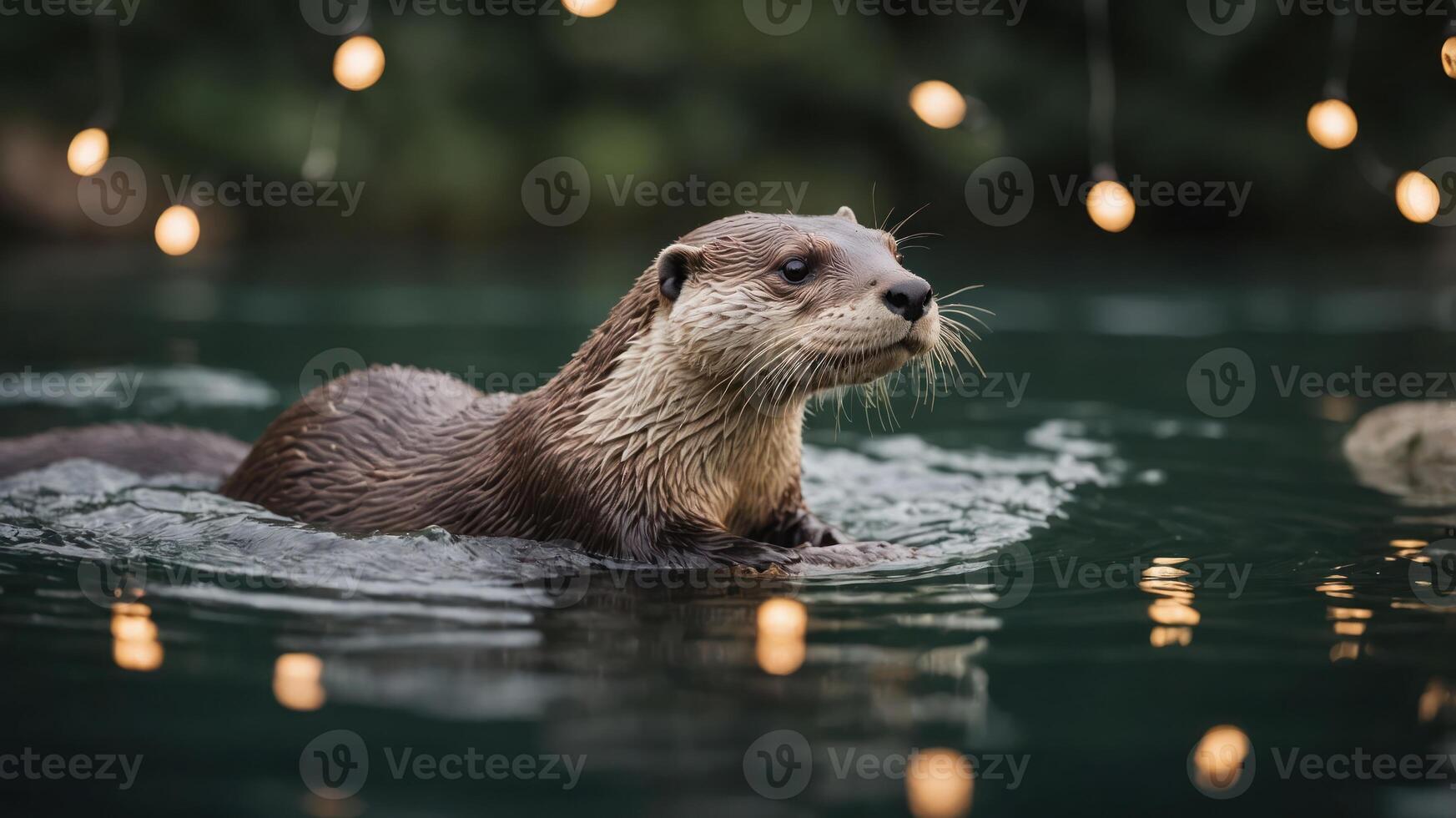 An otter swimming in a serene water setting, illuminated by soft glowing lights. photo