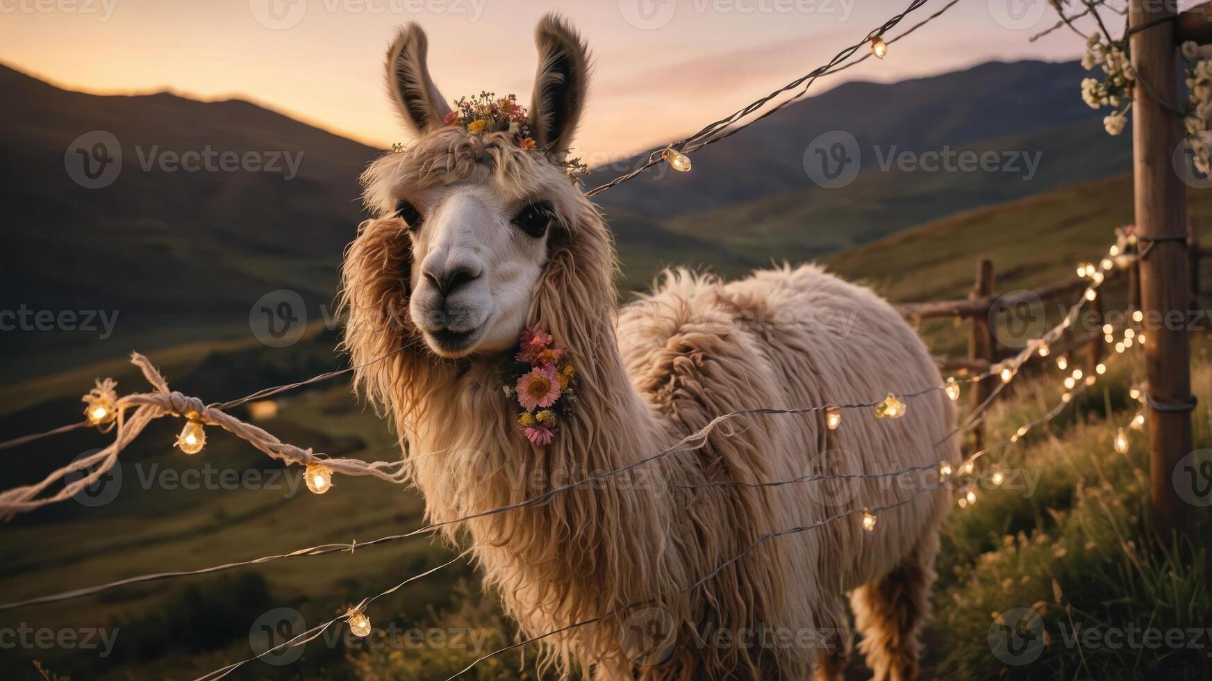 A charming llama adorned with flowers stands near a fence with lights at sunset. photo