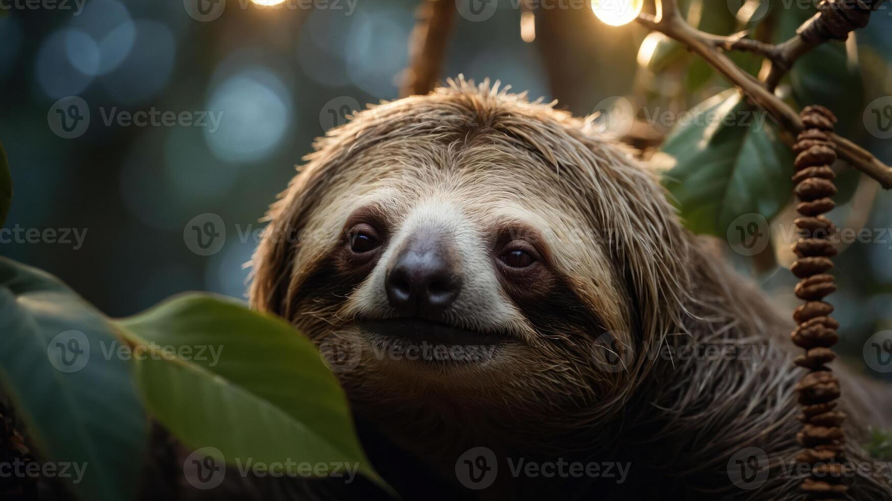 A close-up of a sloth resting among leaves, showcasing its calm expression in a natural habitat. photo