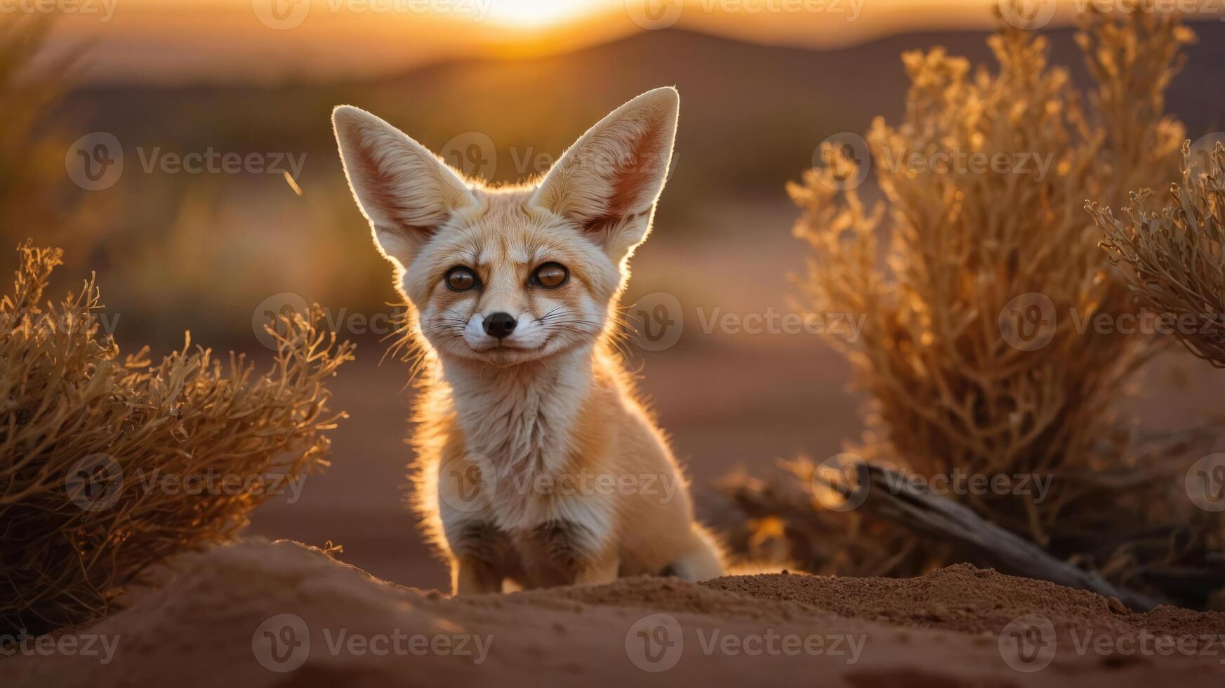 A fennec fox with large ears sits in a desert landscape during sunset. photo