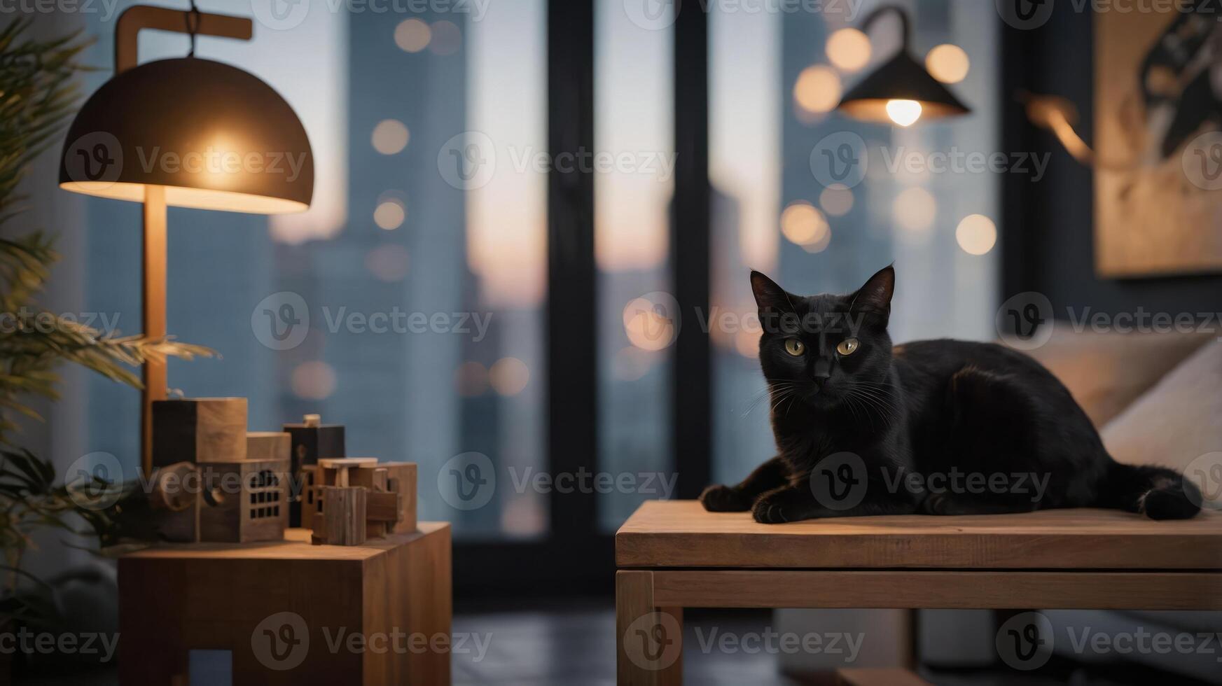 A black cat lounging on a table in a stylish, modern interior with city views at dusk. photo