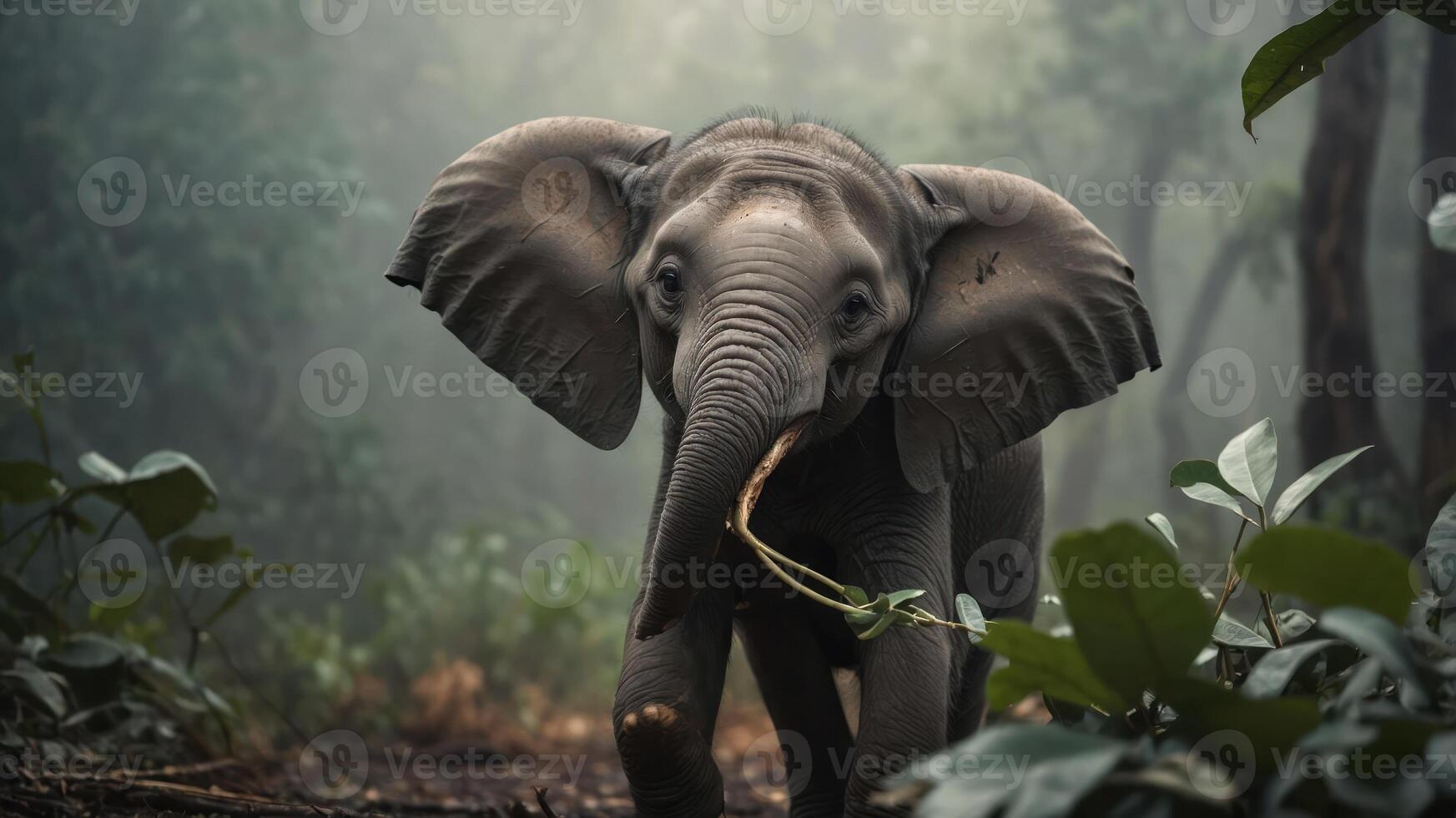 A young elephant walking through a misty forest, showcasing its natural habitat. photo