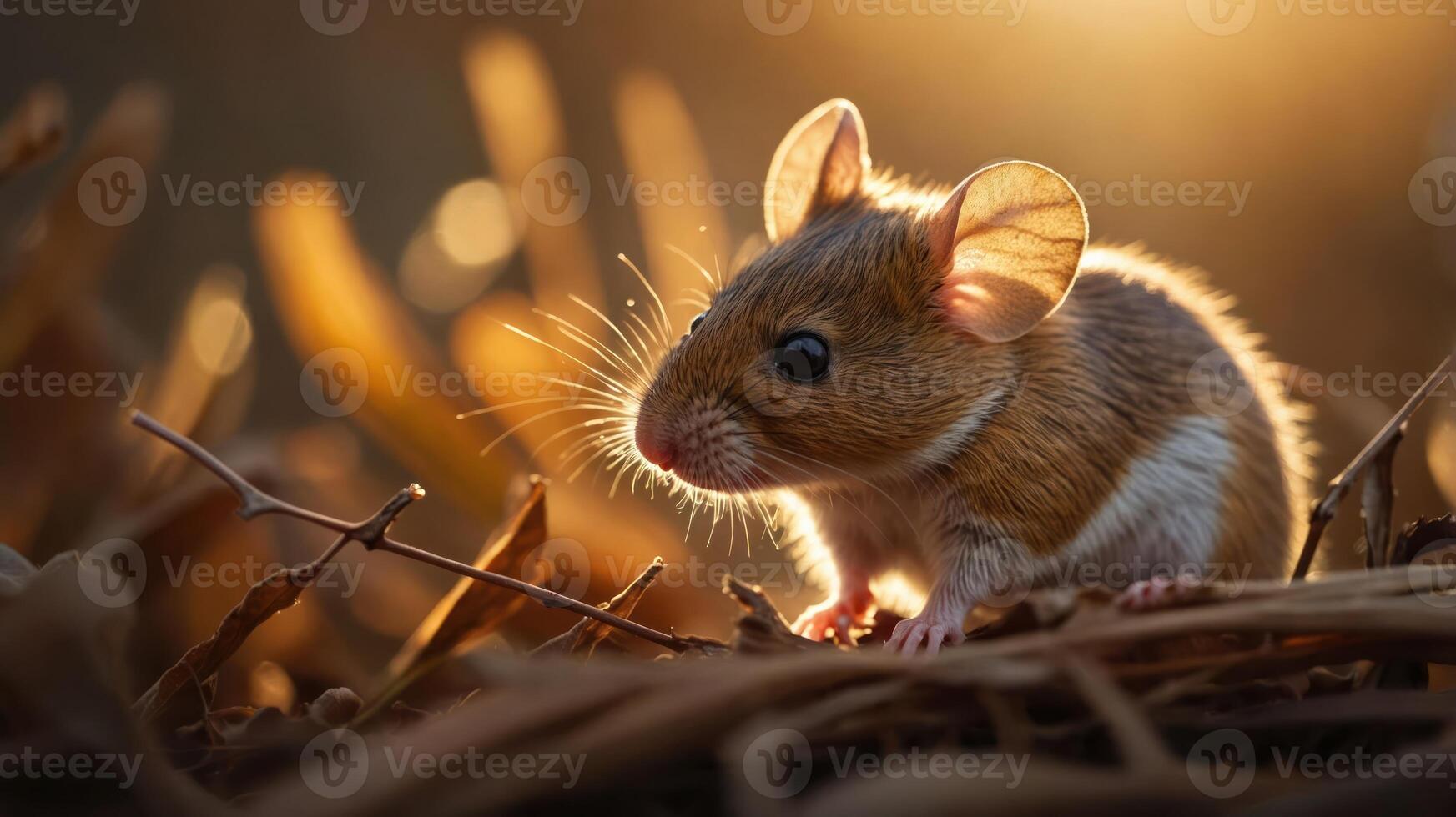 A close-up of a small mouse in a natural setting, illuminated by soft, warm light. photo