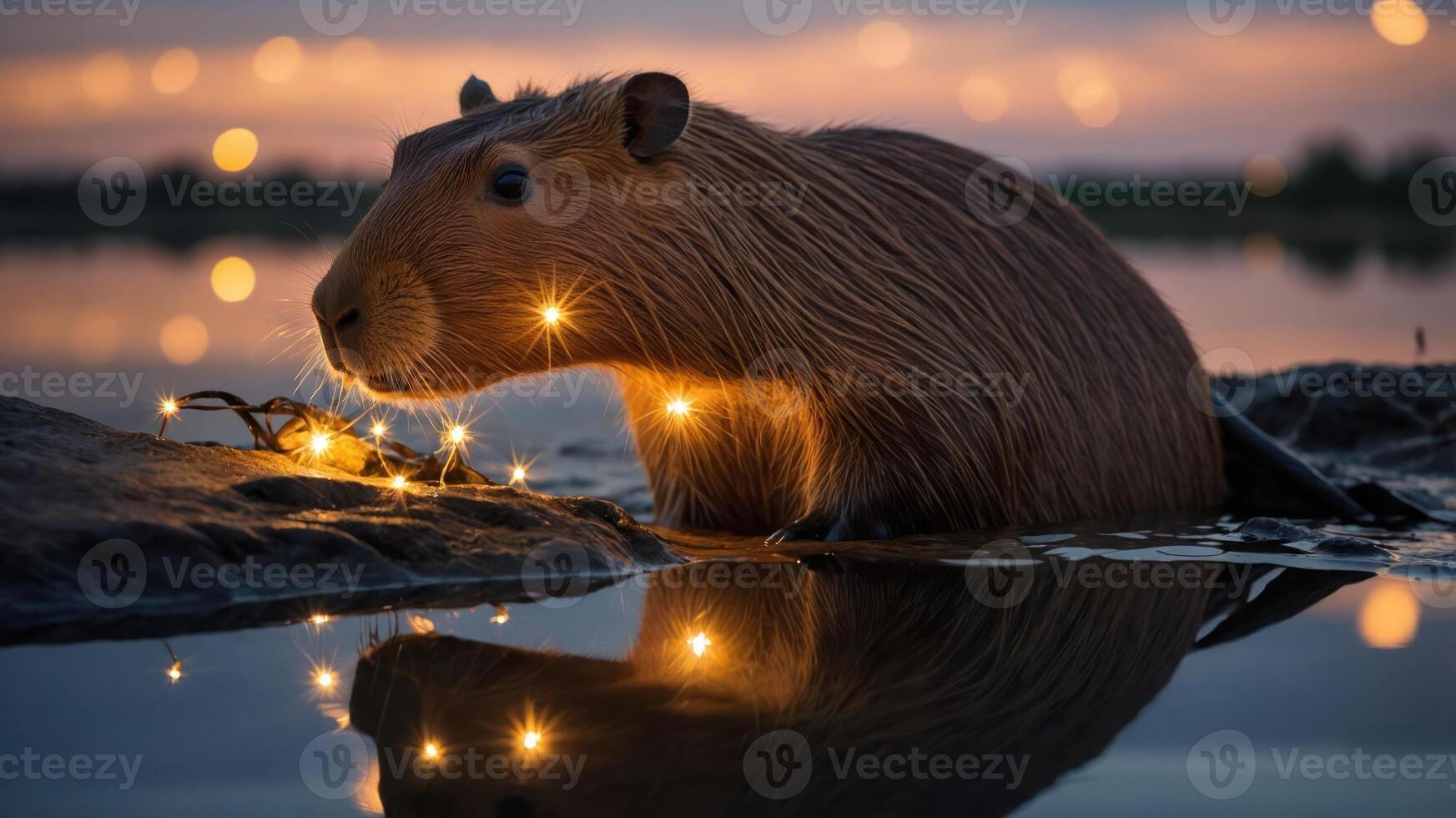 A capybara by the water, illuminated by sparkling lights at sunset. photo