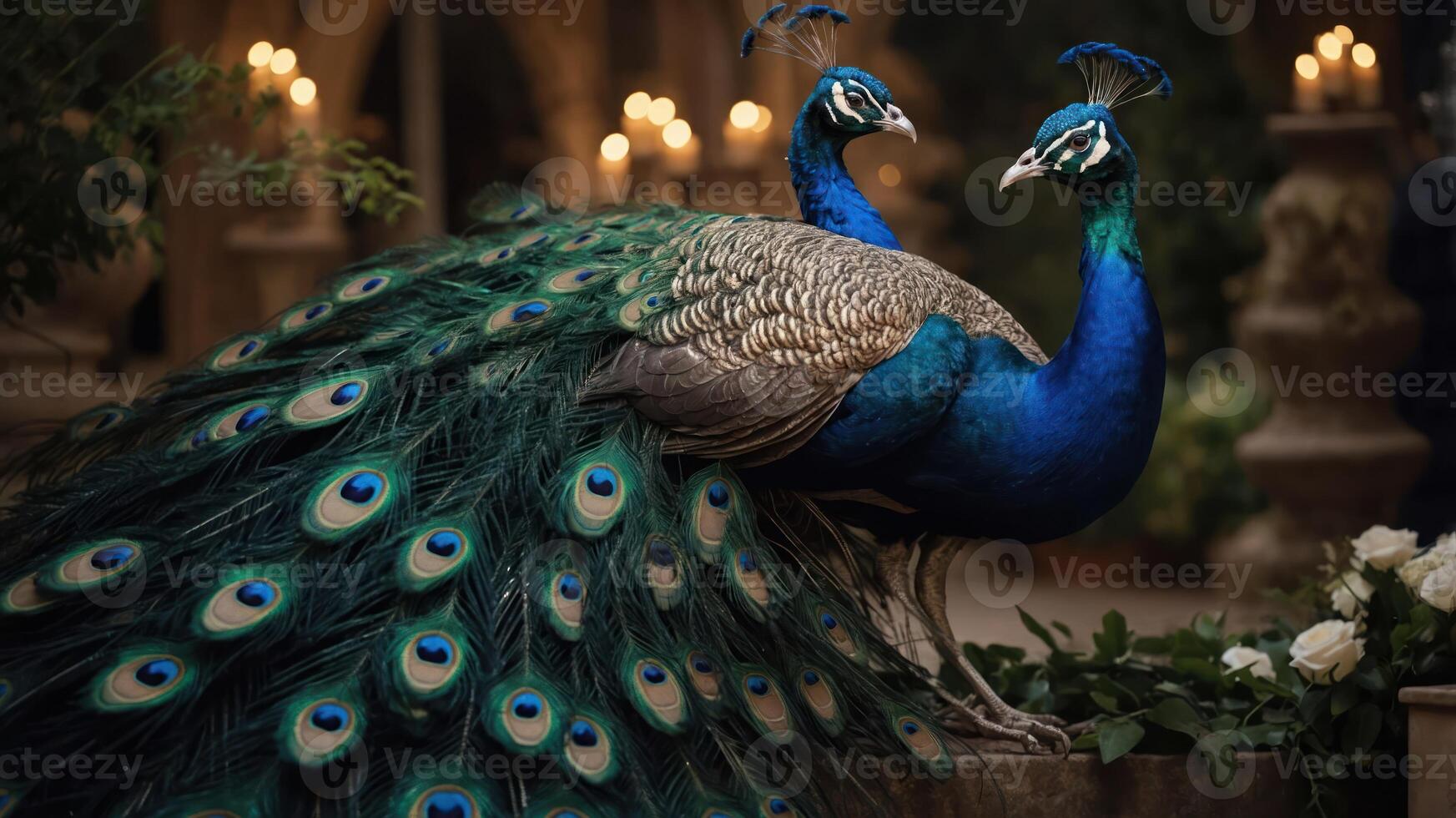 Two peacocks display their vibrant feathers in a serene, candlelit garden setting. photo