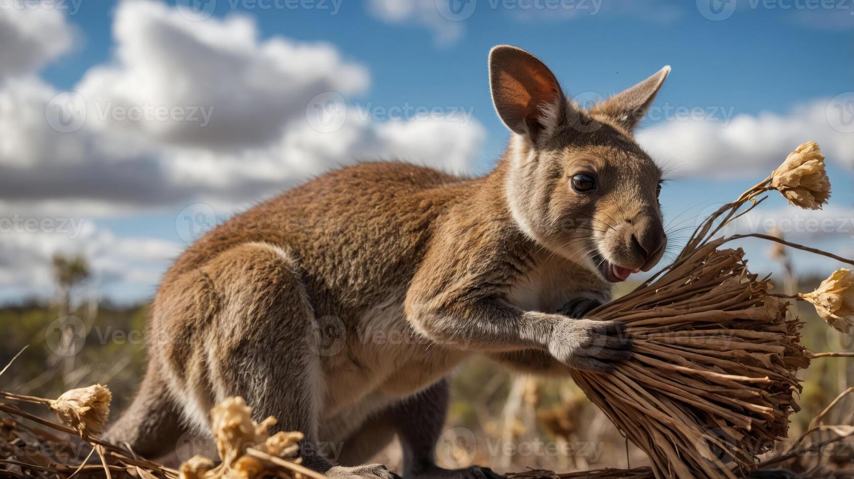 A kangaroo holding a bundle of grass in a natural setting under a blue sky. photo