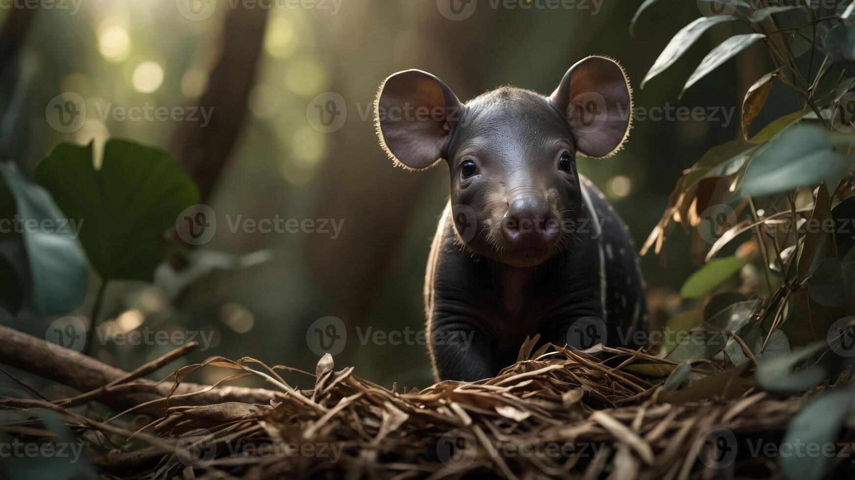 A young tapir exploring its forest habitat among lush greenery. photo