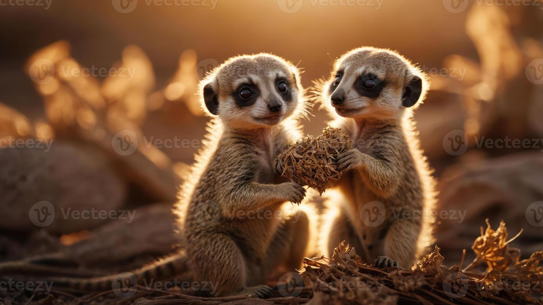 Two meerkats playfully holding a nest in a warm, golden-lit environment. photo