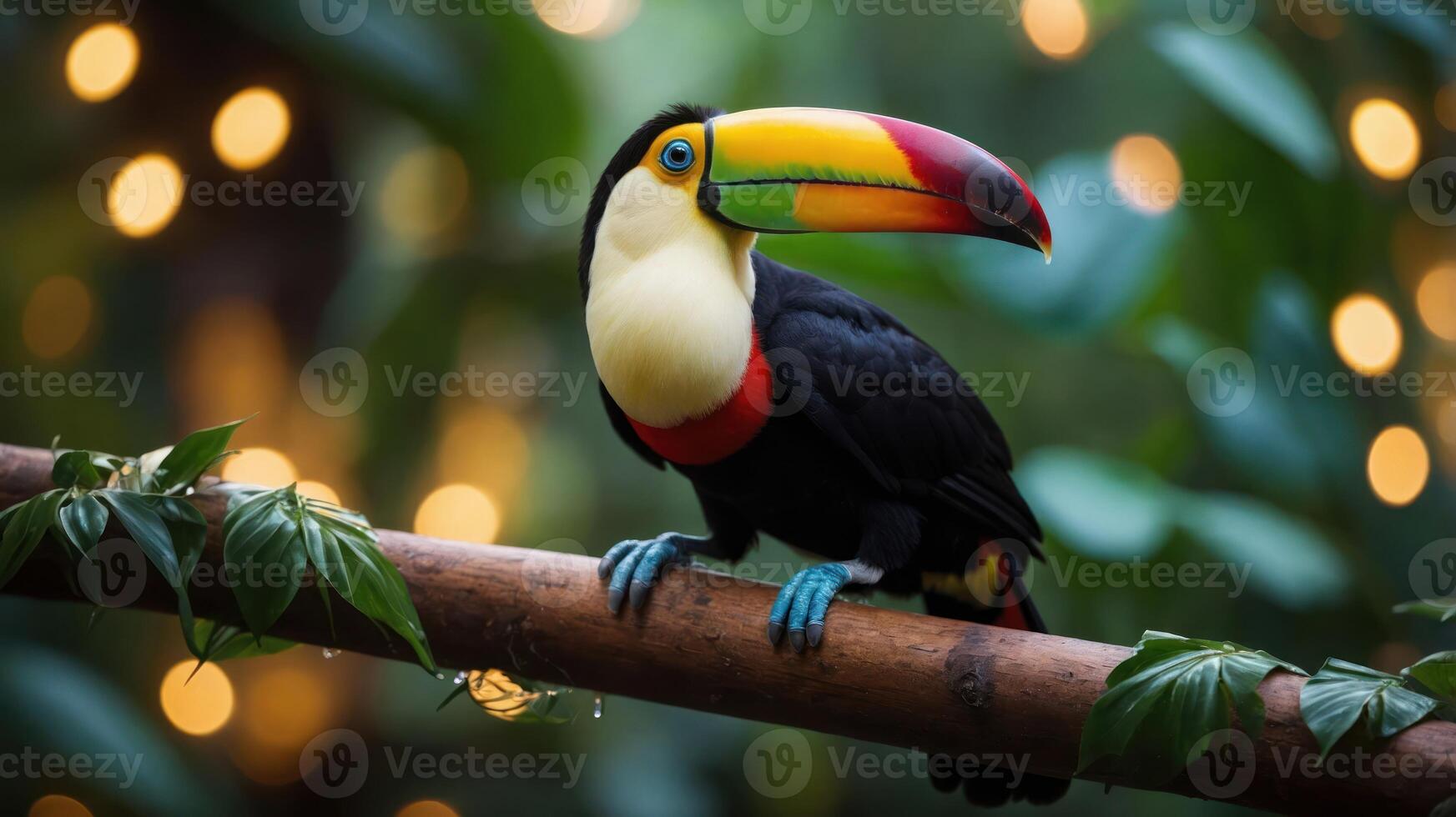 A vibrant toucan perched on a branch with blurred lights in the background. photo
