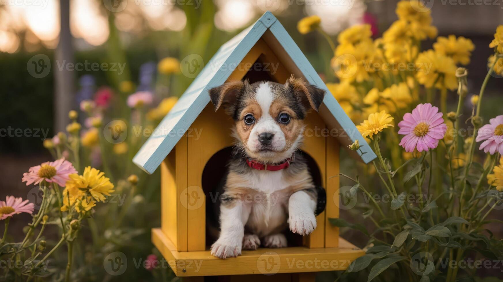 A cute puppy peeks out from a colorful doghouse surrounded by vibrant flowers. photo