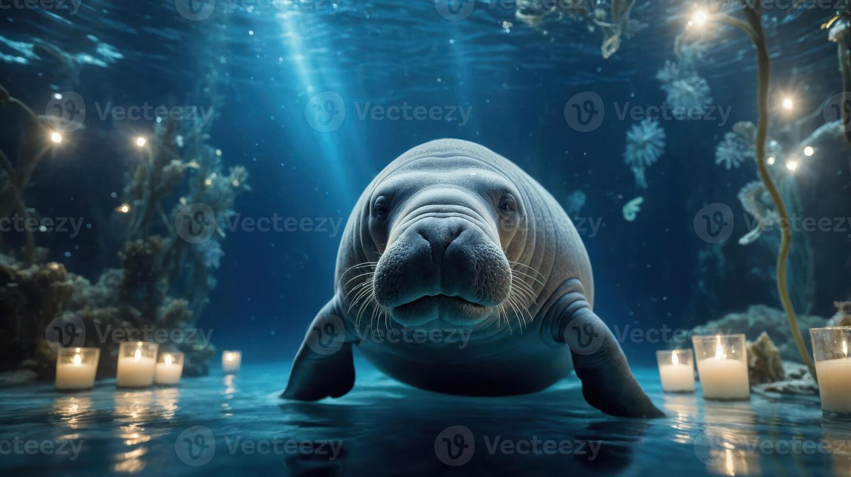 A serene underwater scene featuring a manatee surrounded by candles and aquatic plants. photo