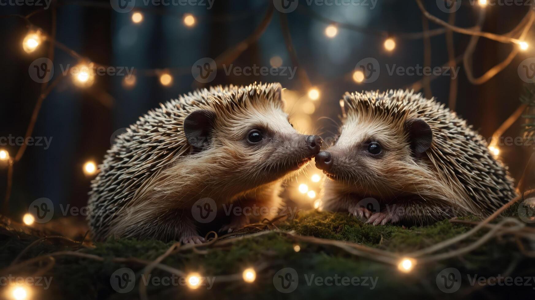 Two hedgehogs nuzzle amidst soft lighting in a forest setting. photo