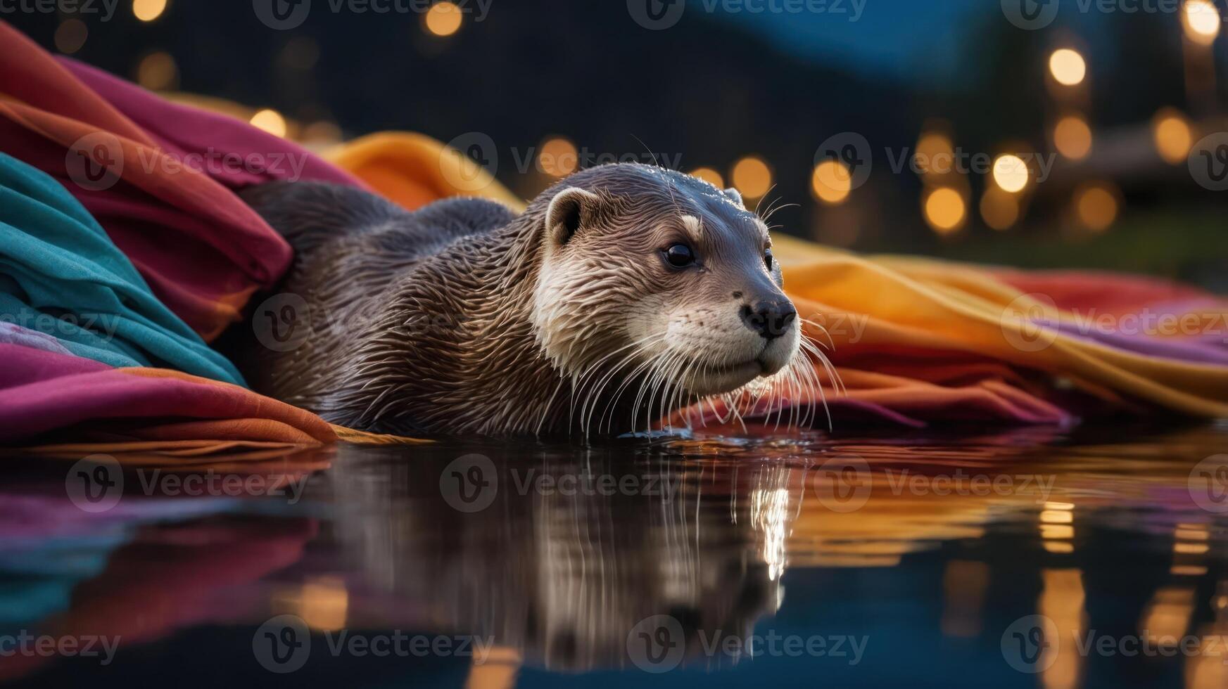 An otter gracefully swims among colorful fabrics, creating a vibrant and serene atmosphere. photo