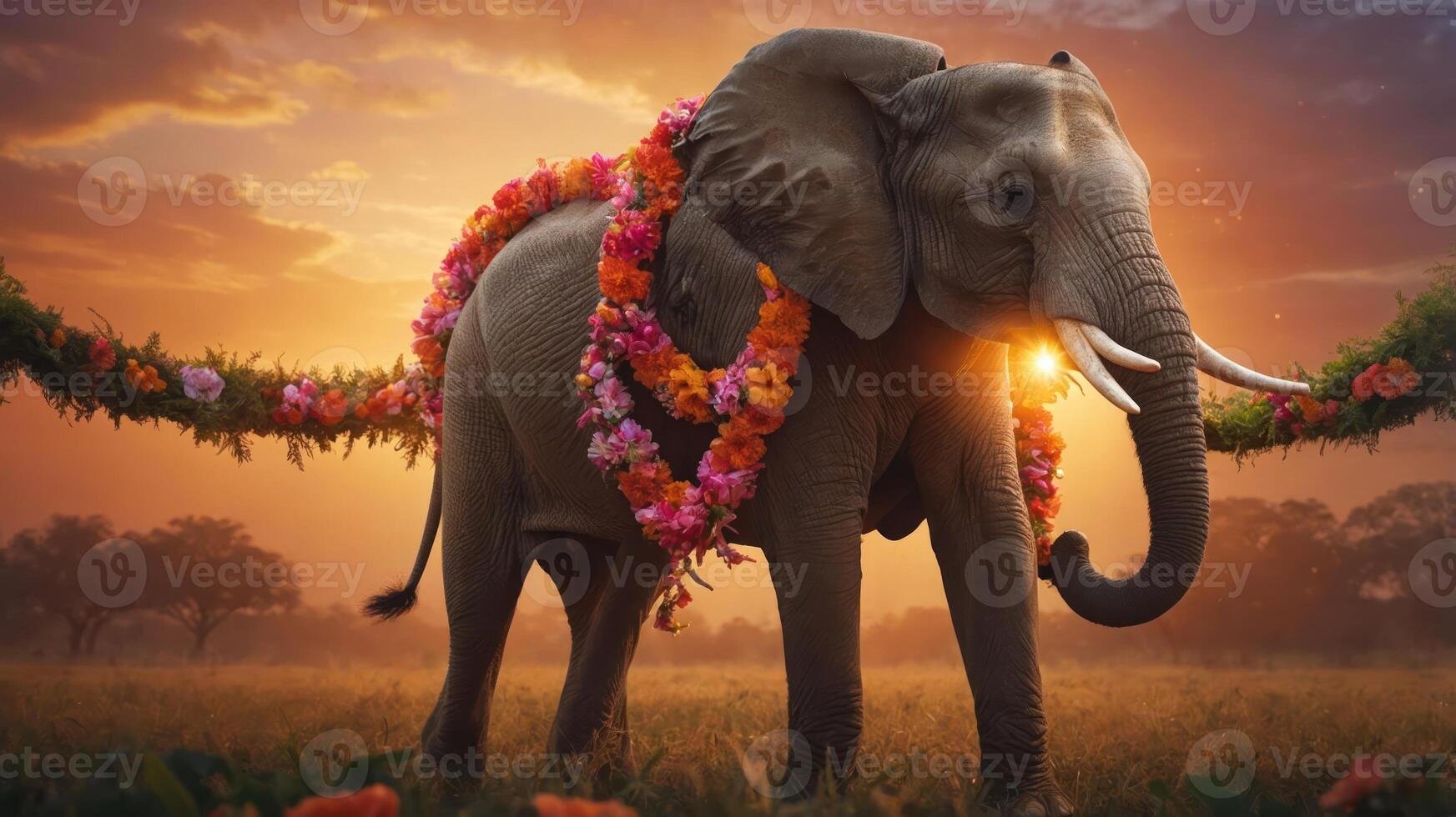 An adorned elephant stands in a sunset landscape, symbolizing beauty and culture. photo