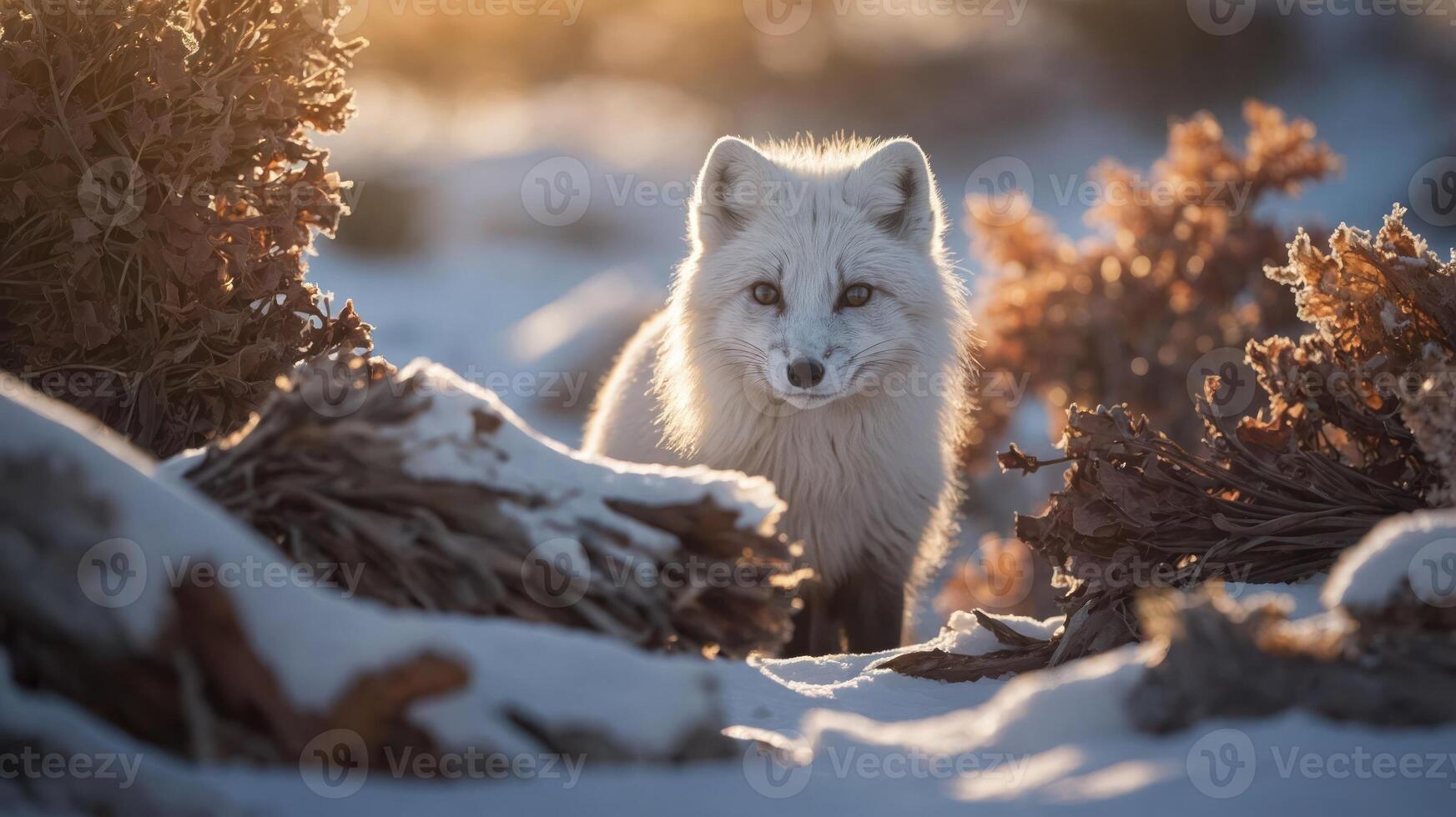 A serene arctic fox stands amidst a snowy landscape, illuminated by soft sunlight. photo