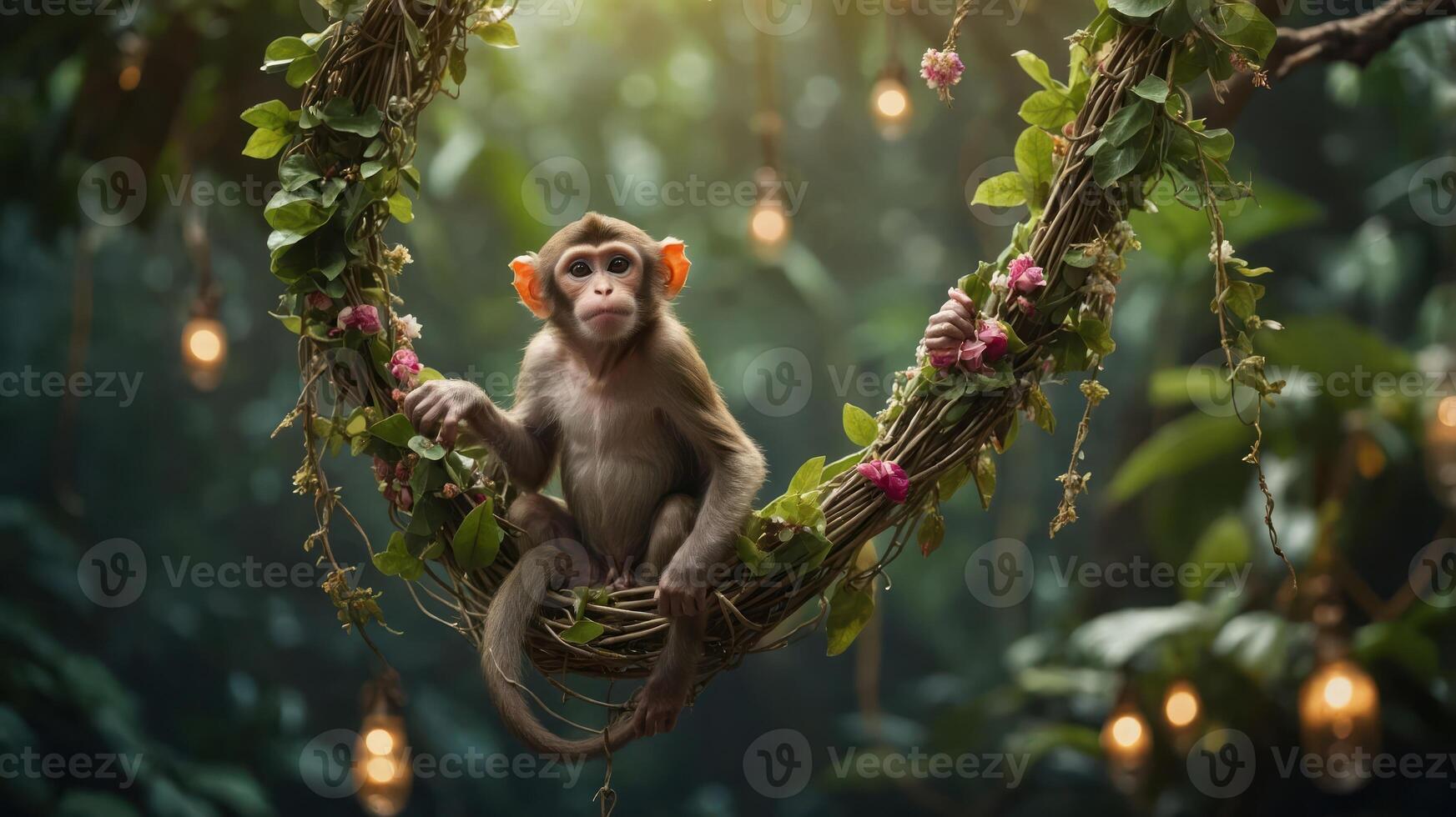 A playful monkey sitting on a vine in a lush, illuminated jungle setting. photo