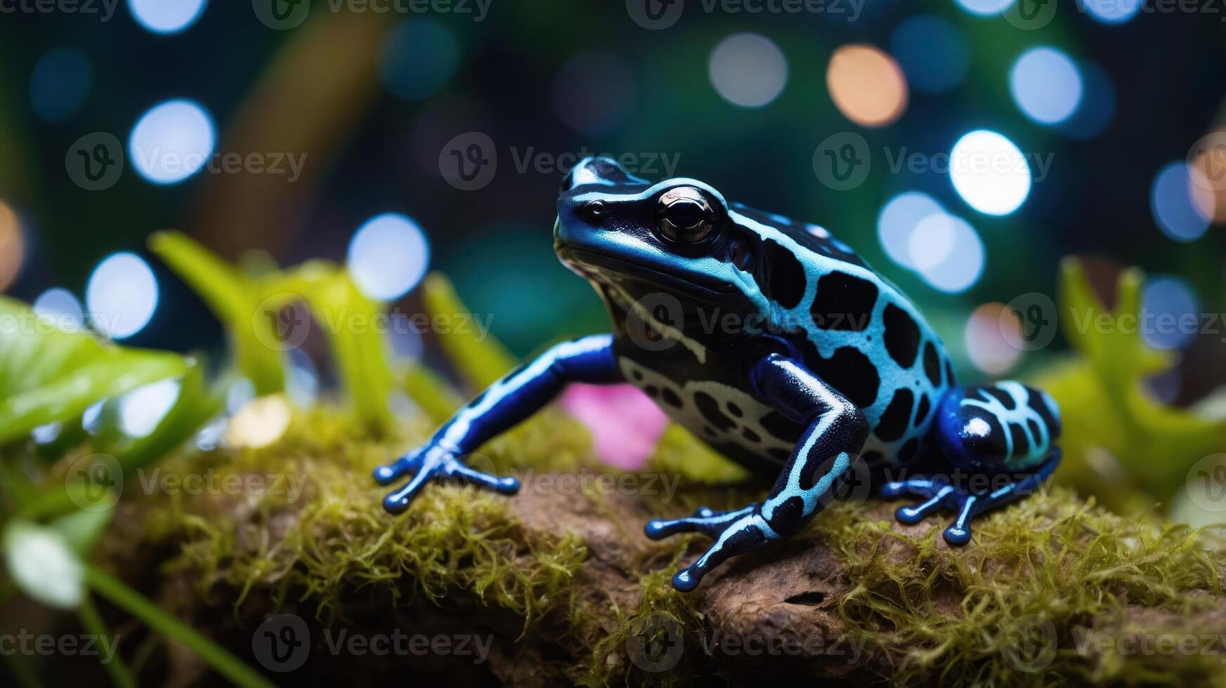 A vibrant blue poison dart frog perched on mossy wood with a blurred background. photo