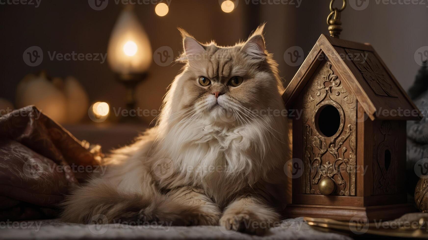 A fluffy cat rests beside an ornate birdhouse in a cozy, softly lit setting. photo