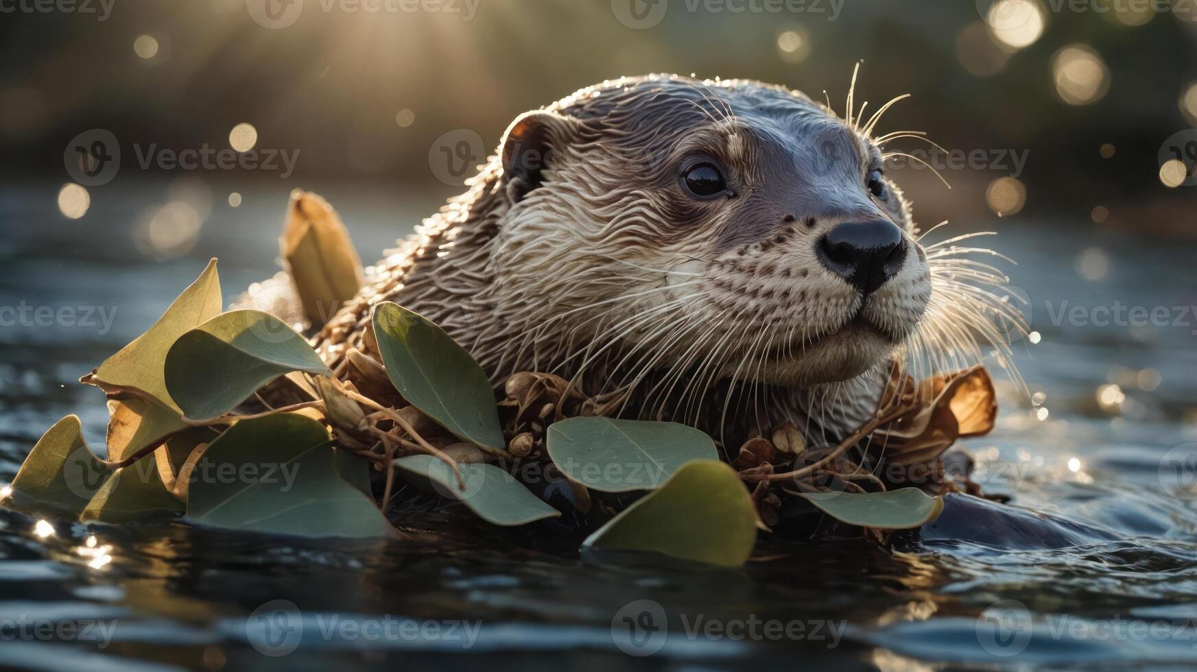 A close-up of an otter in water, adorned with leaves, basking in soft sunlight. photo