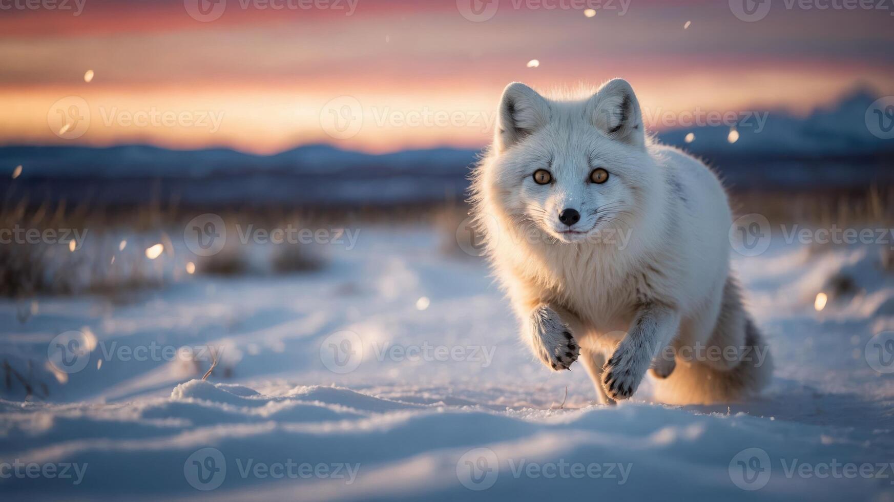 A white fox runs through a snowy landscape at sunset, showcasing its beauty and agility. photo