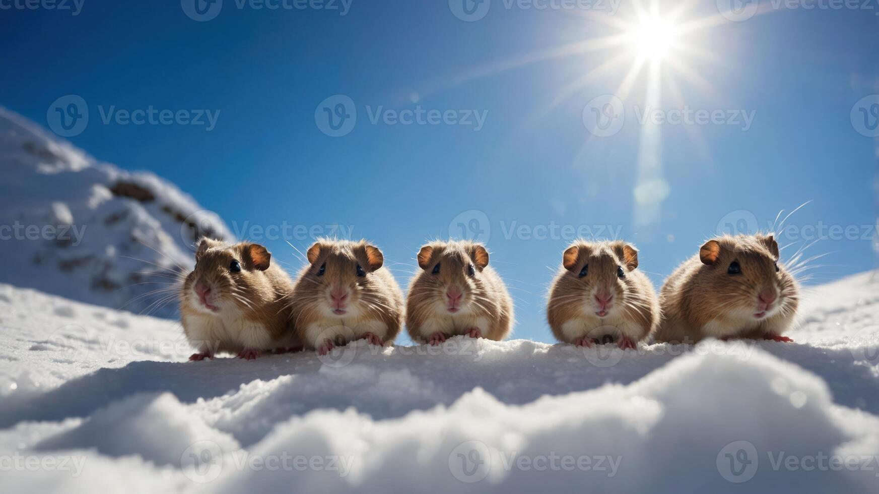 Five guinea pigs sitting in the snow under a bright blue sky. photo