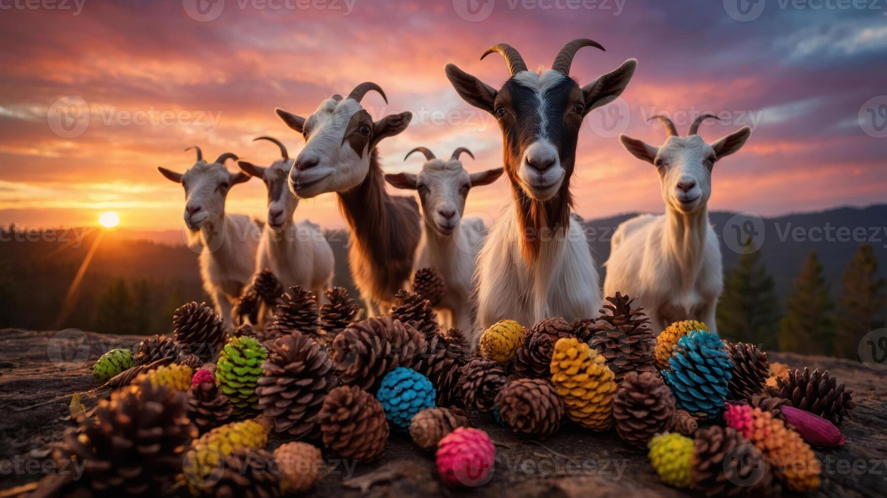 A group of goats poses with colorful pinecones at sunset in a serene landscape. photo