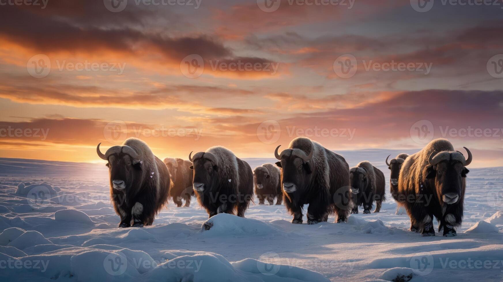 A herd of musk oxen walking through a snowy landscape at sunset. photo