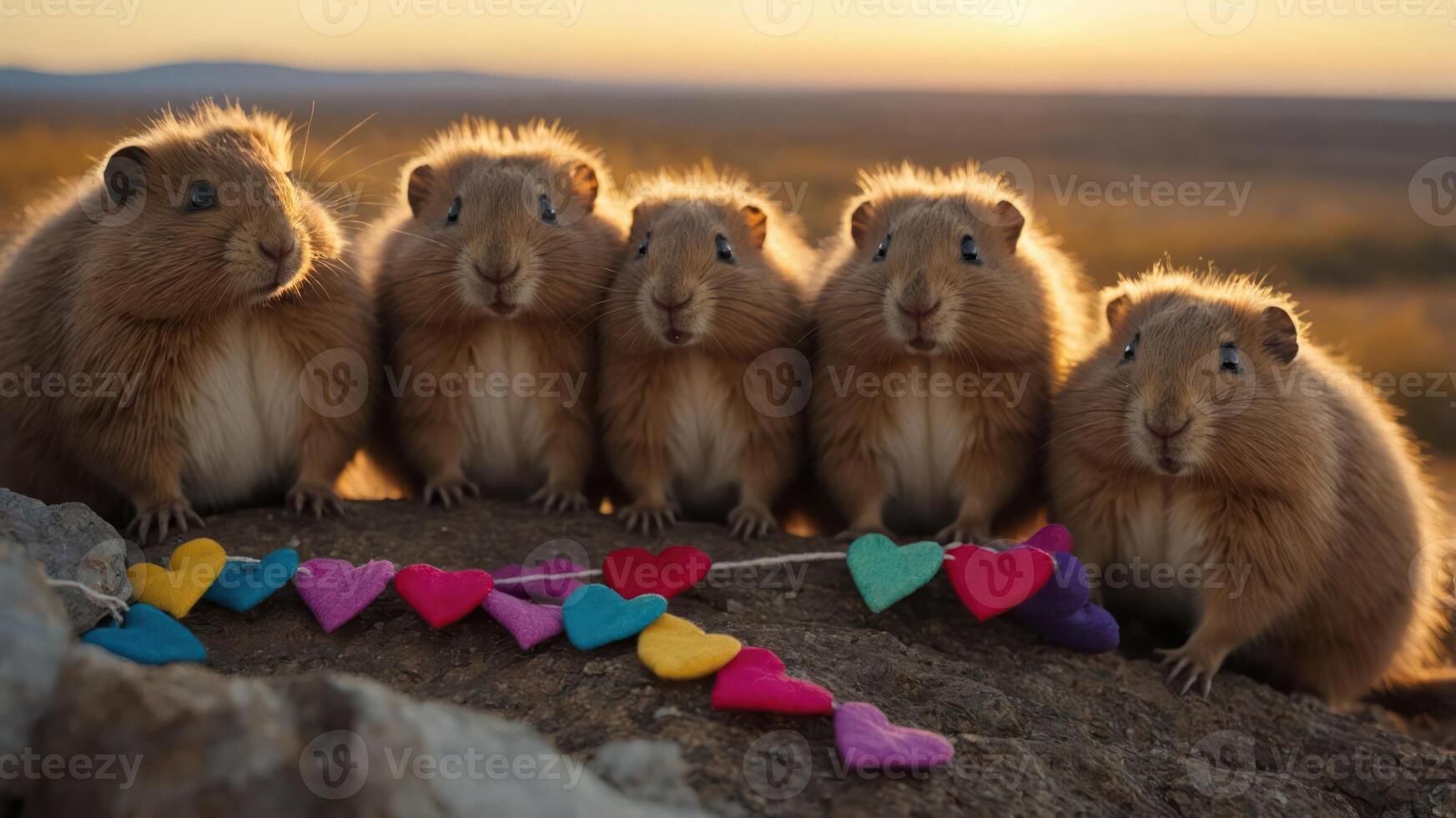 Five cute animals with a colorful heart decoration at sunset. photo