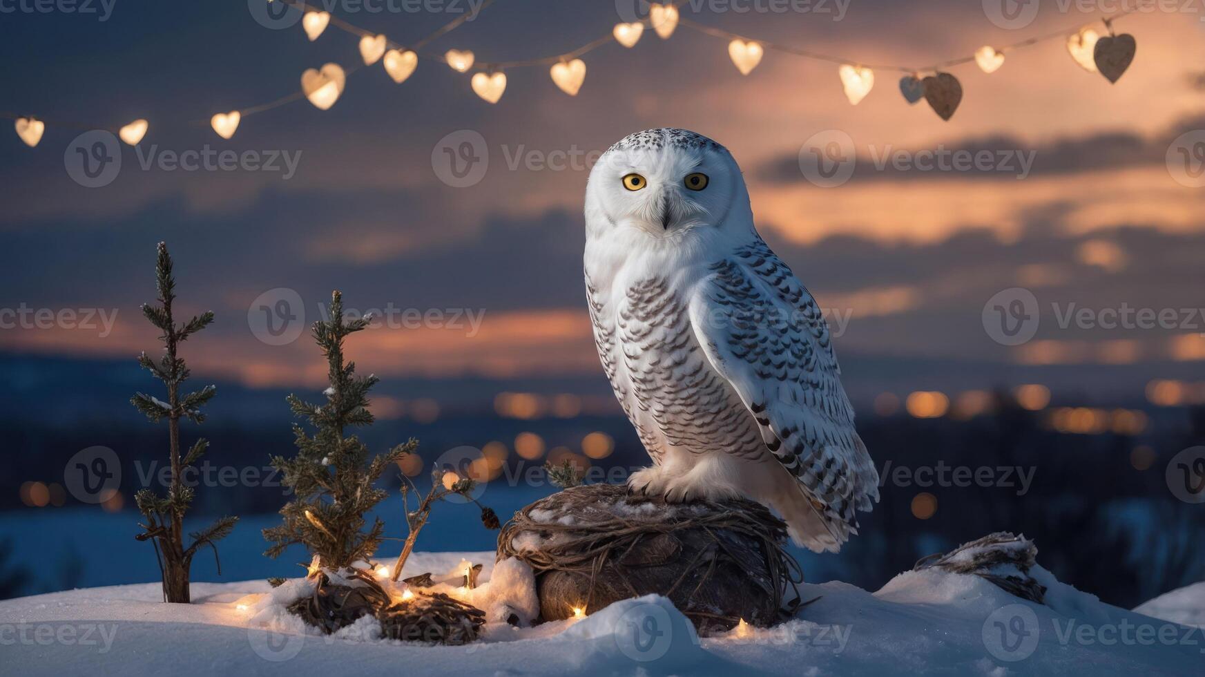 A snowy owl perched on a log in a winter landscape, adorned with heart-shaped lights. photo