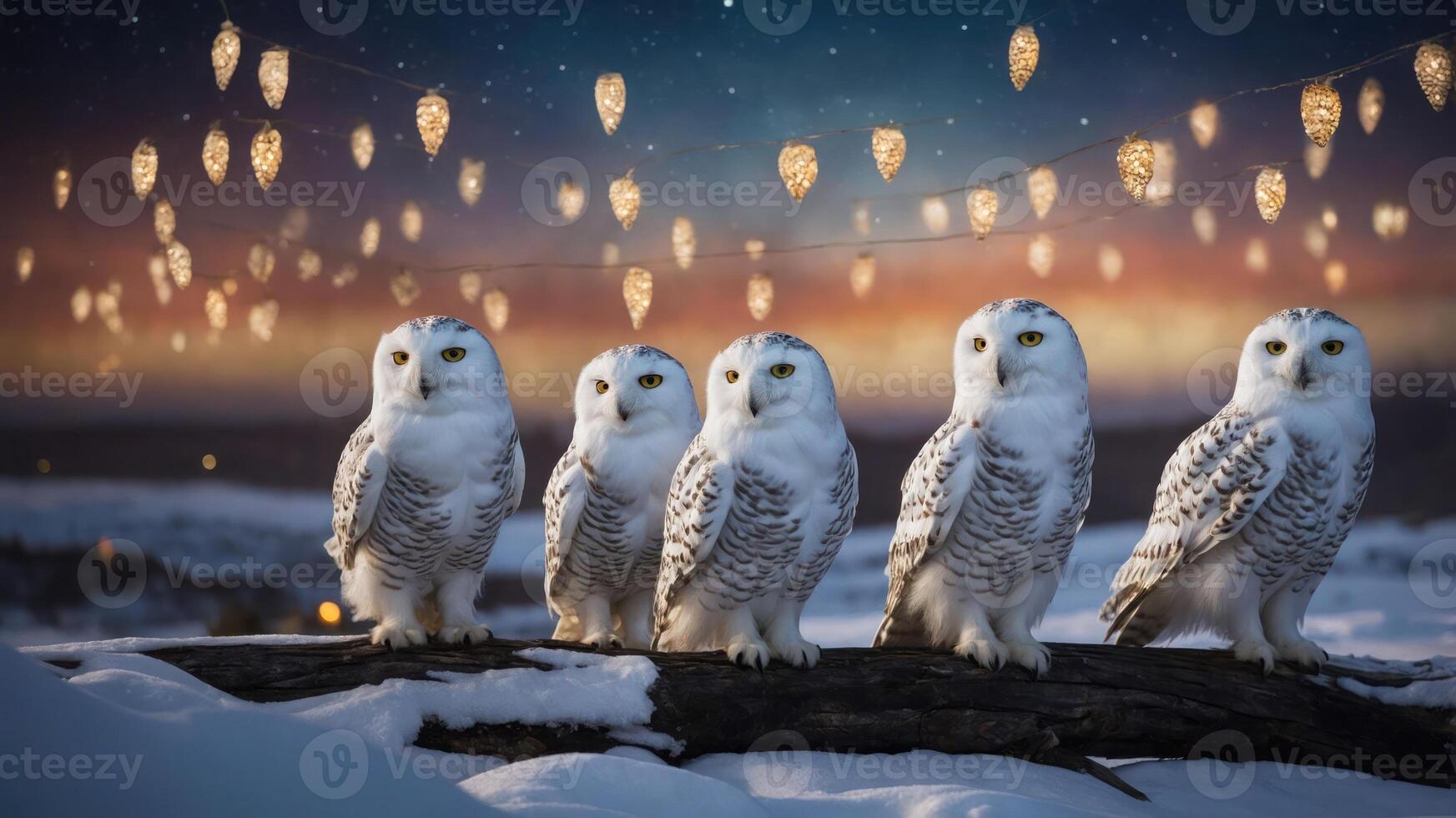Five snowy owls perched on a log under glowing lights at dusk. photo