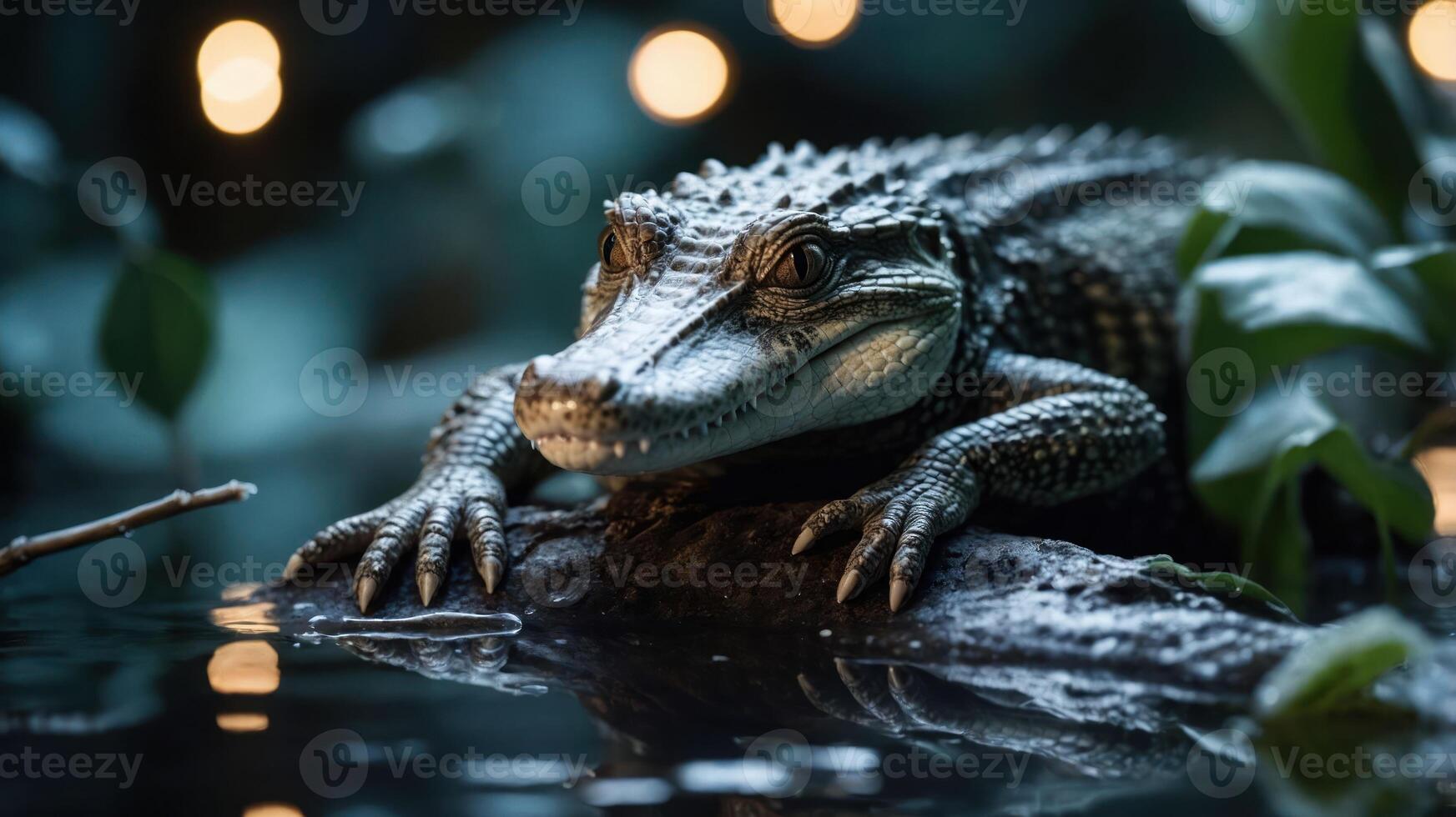 A close-up of a crocodile resting on a log near water, surrounded by lush greenery. photo