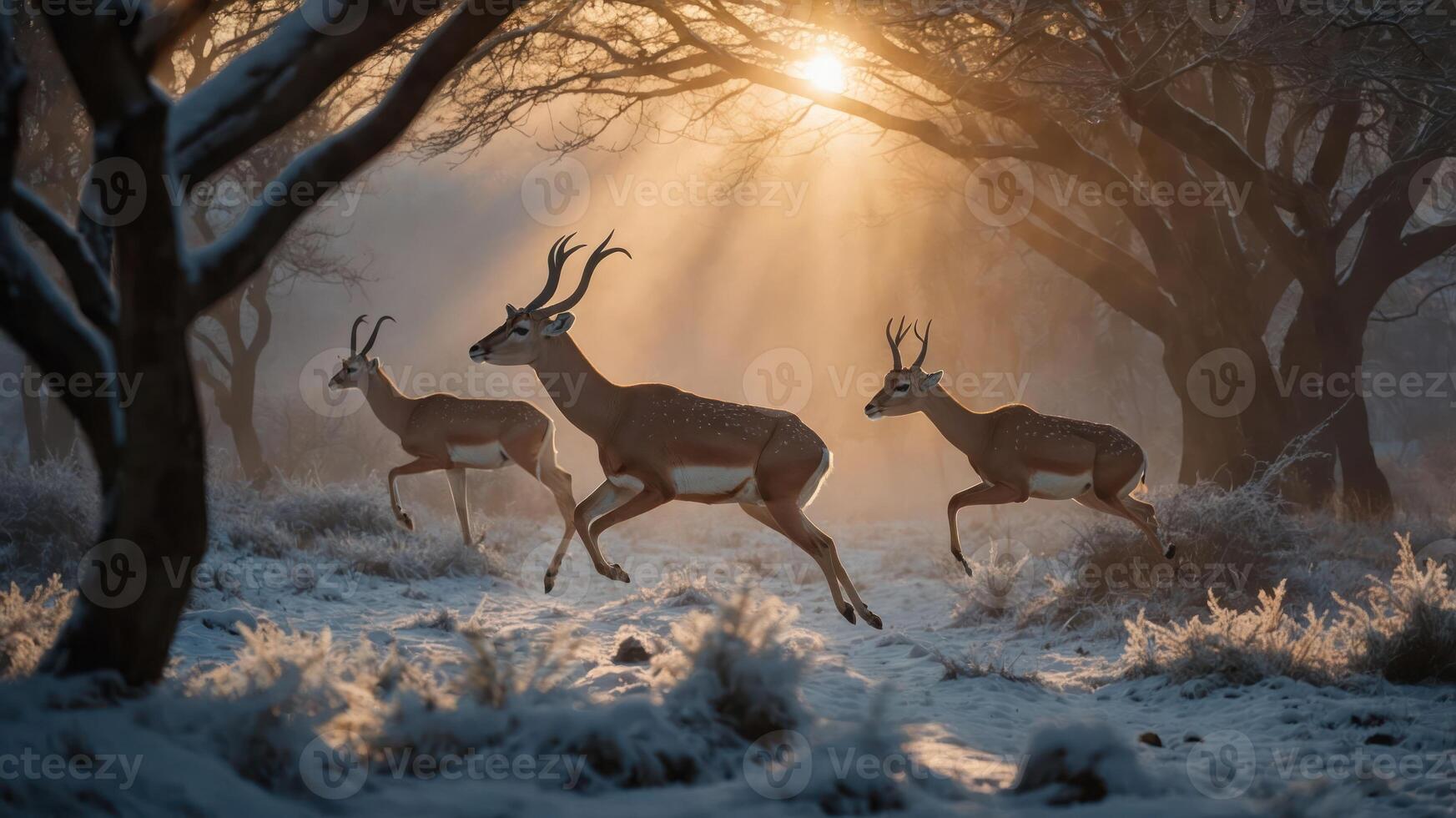 Three deer gracefully running through a frosty landscape illuminated by soft sunlight. photo