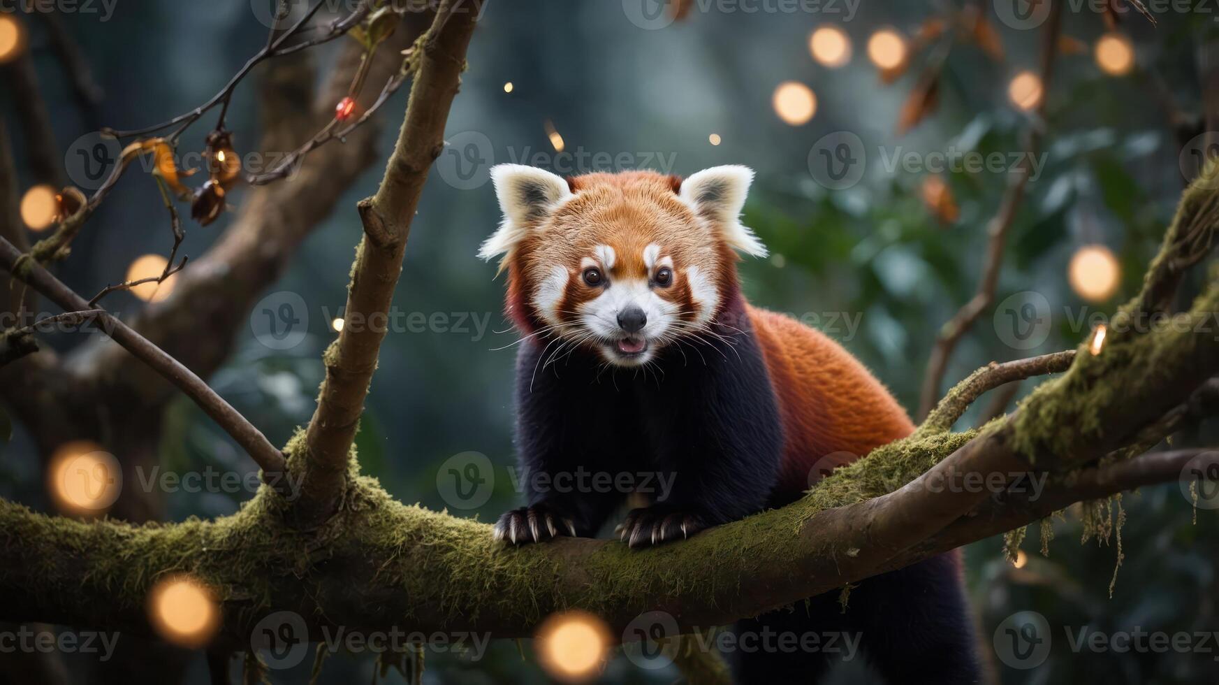 A red panda perched on a tree branch amidst a magical forest setting with glowing lights. photo