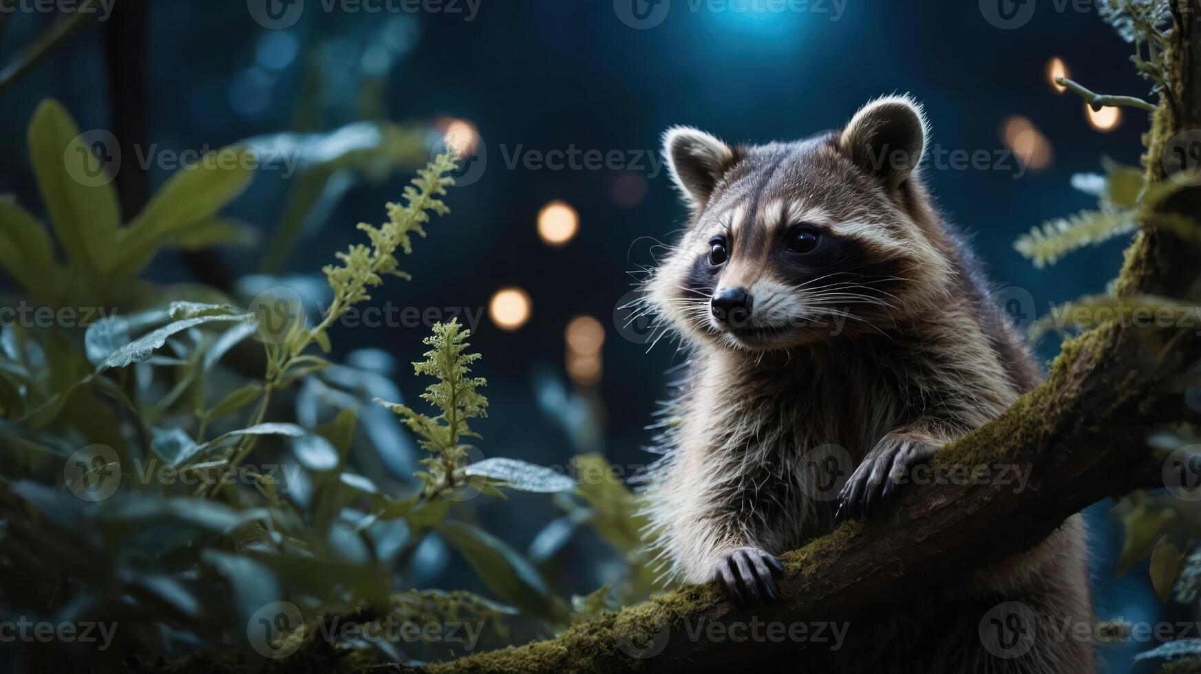 A raccoon perched on a mossy branch in a mystical forest setting. photo