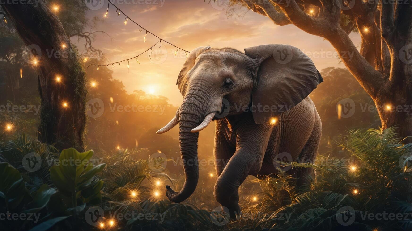 An elephant walks through a lush forest at sunset, surrounded by glowing fireflies. photo