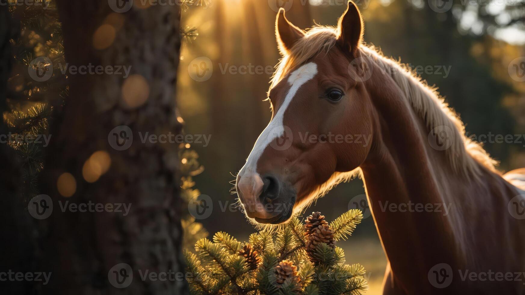 A serene horse stands among trees, illuminated by soft sunlight in a tranquil setting. photo