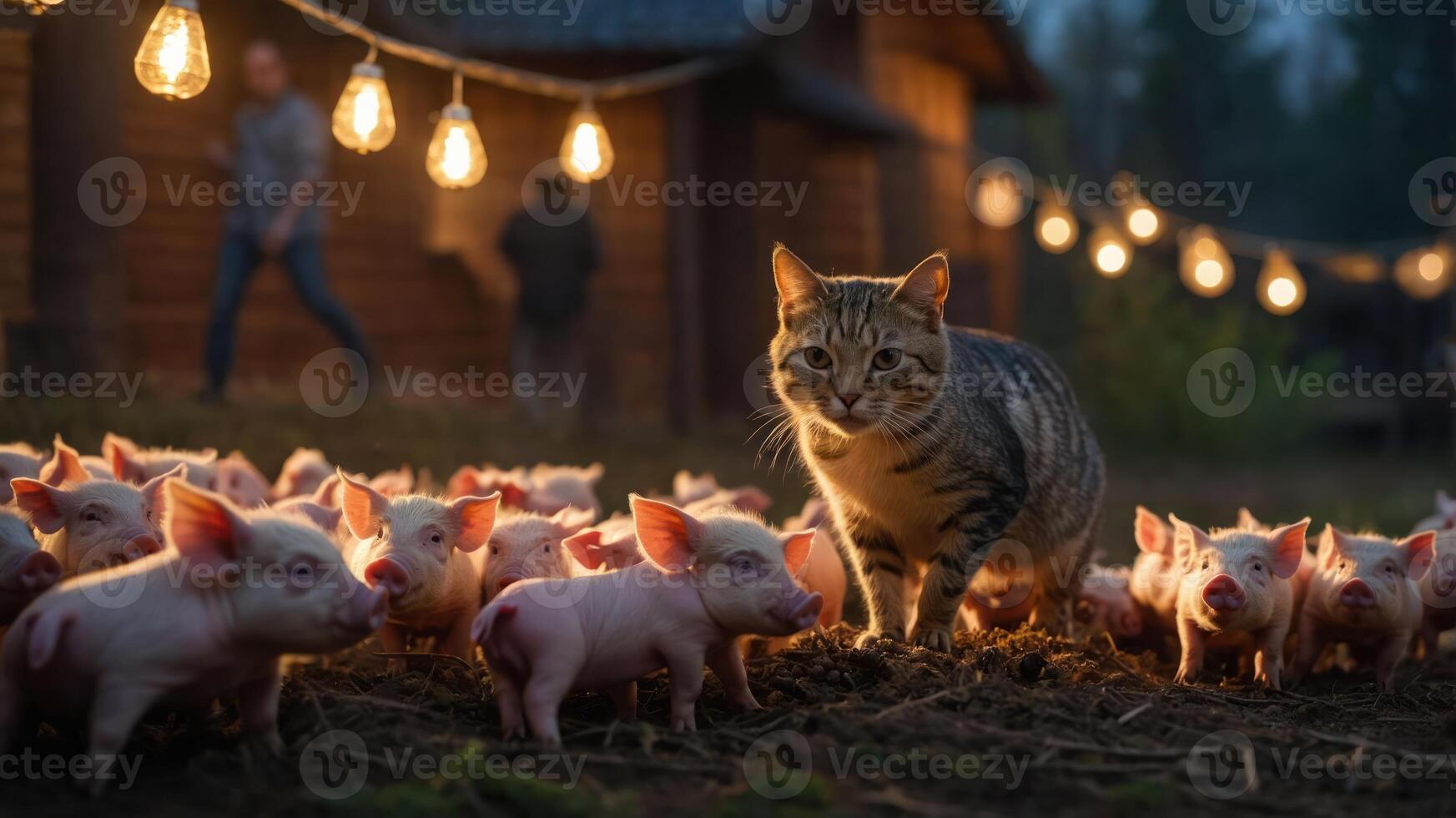 A cat stands among piglets at dusk, illuminated by string lights near a wooden cabin. photo