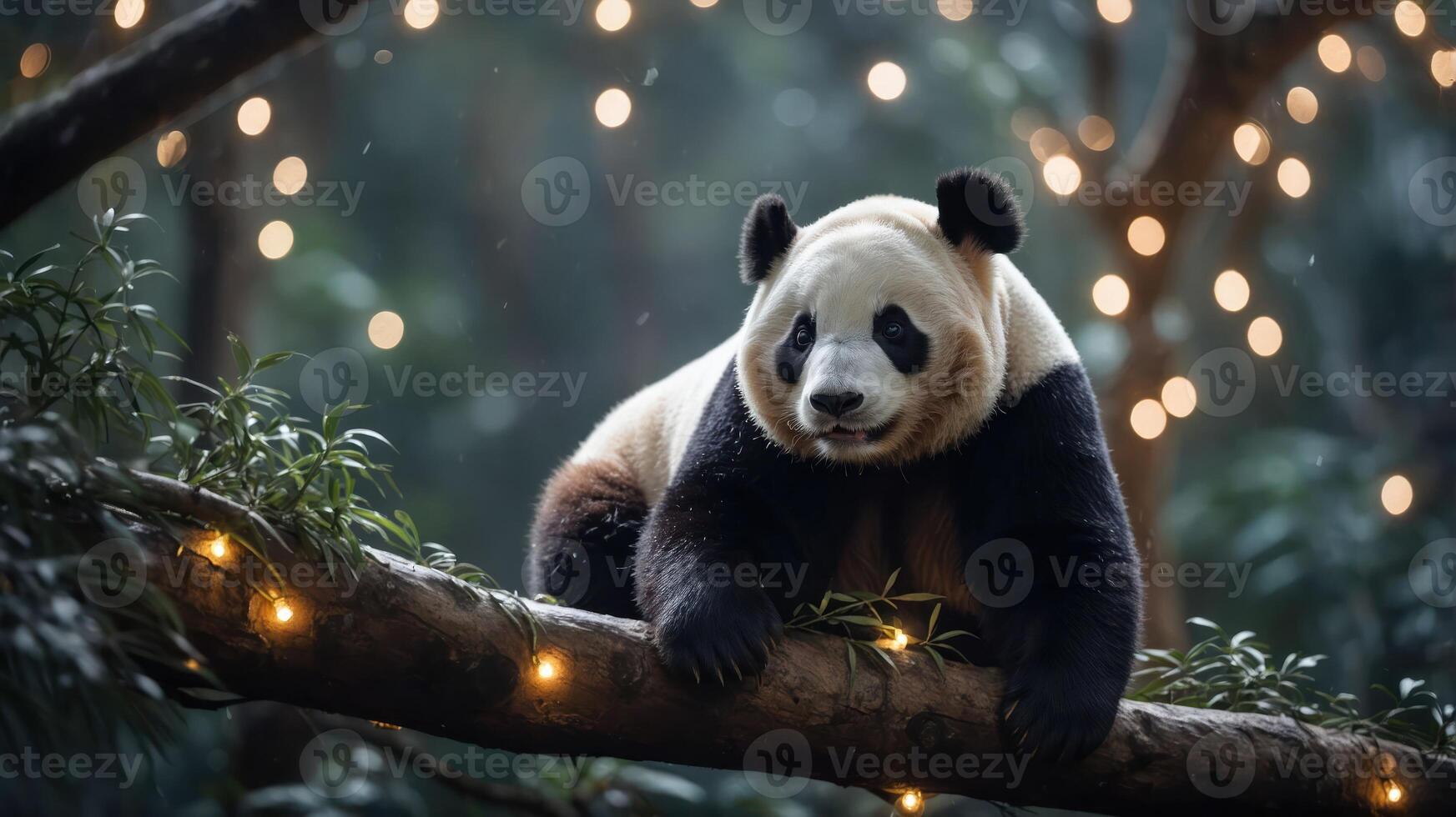 A panda rests on a tree branch adorned with soft glowing lights in a serene forest setting. photo