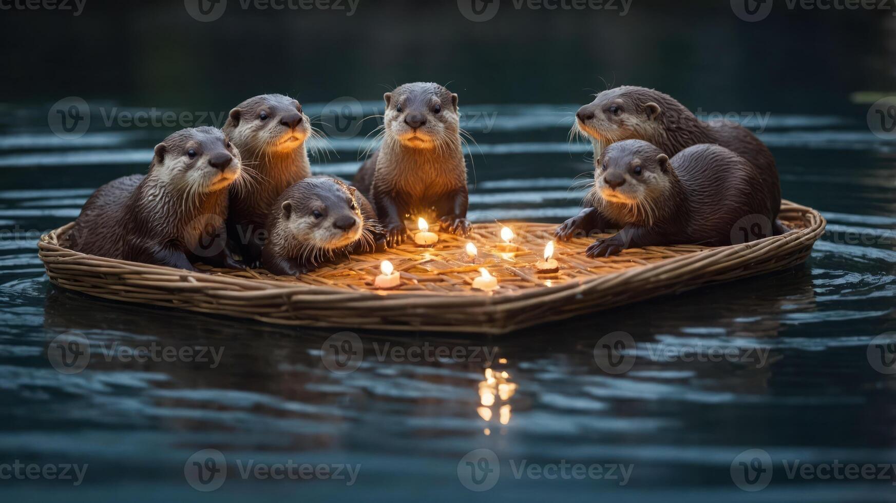 A group of otters gathered on a floating platform surrounded by candles in a serene water setting. photo