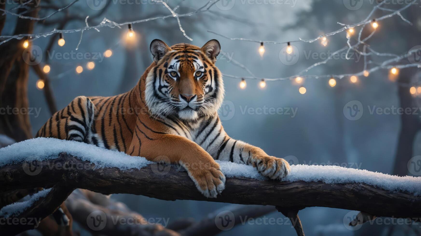 A majestic tiger resting on a snow-covered branch, illuminated by warm string lights. photo