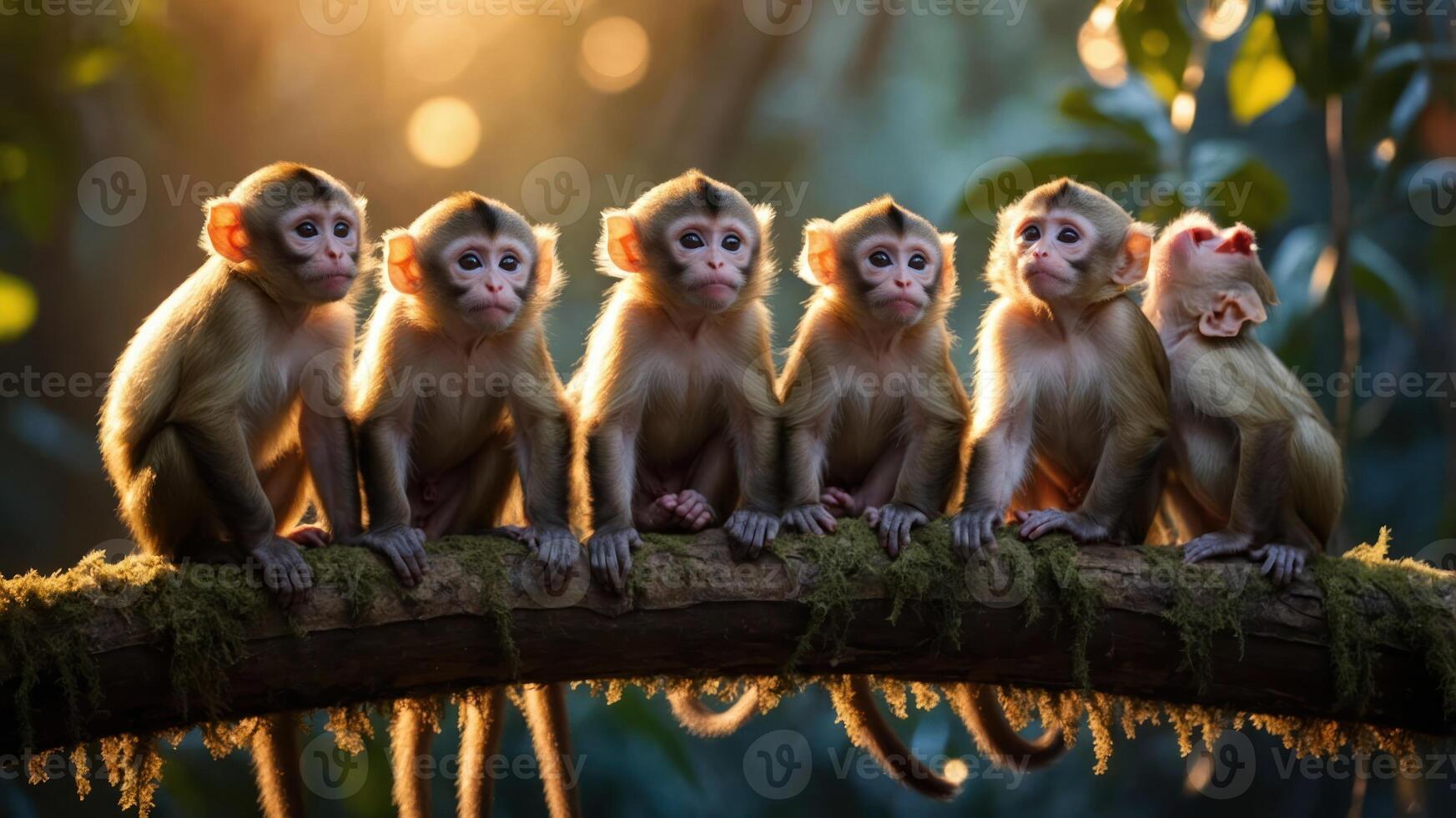 A group of six monkeys sitting closely on a branch in a lush, vibrant forest setting. photo