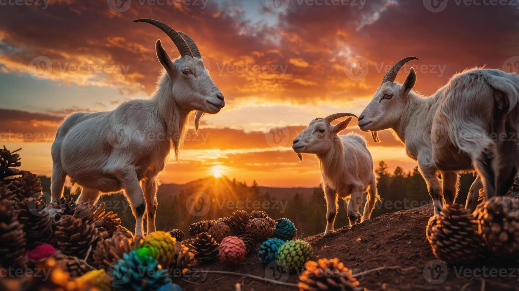 Three goats standing on a hillside during a vibrant sunset, surrounded by colorful pine cones. photo