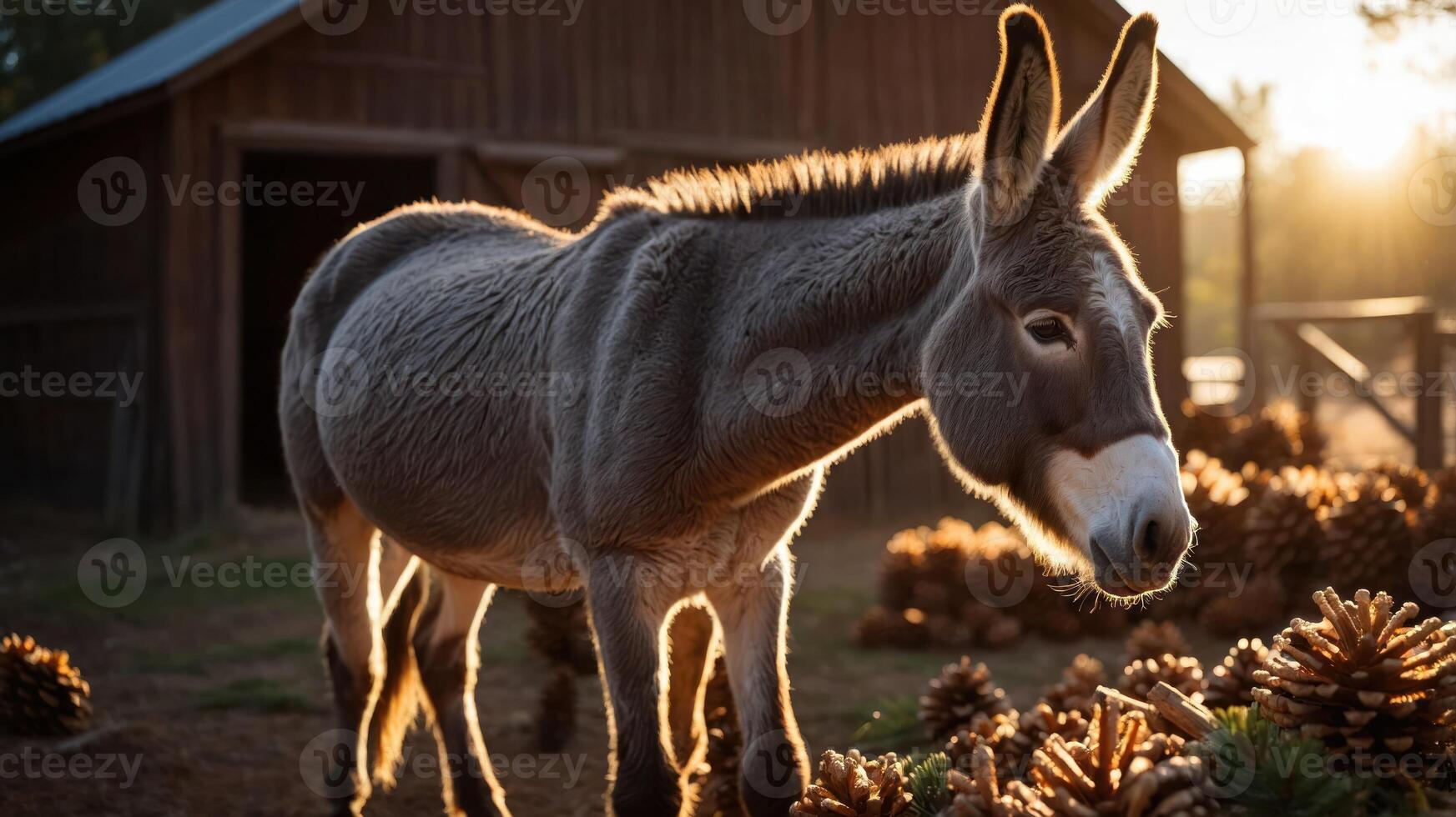 A donkey stands among pine cones at sunset near a rustic barn. photo